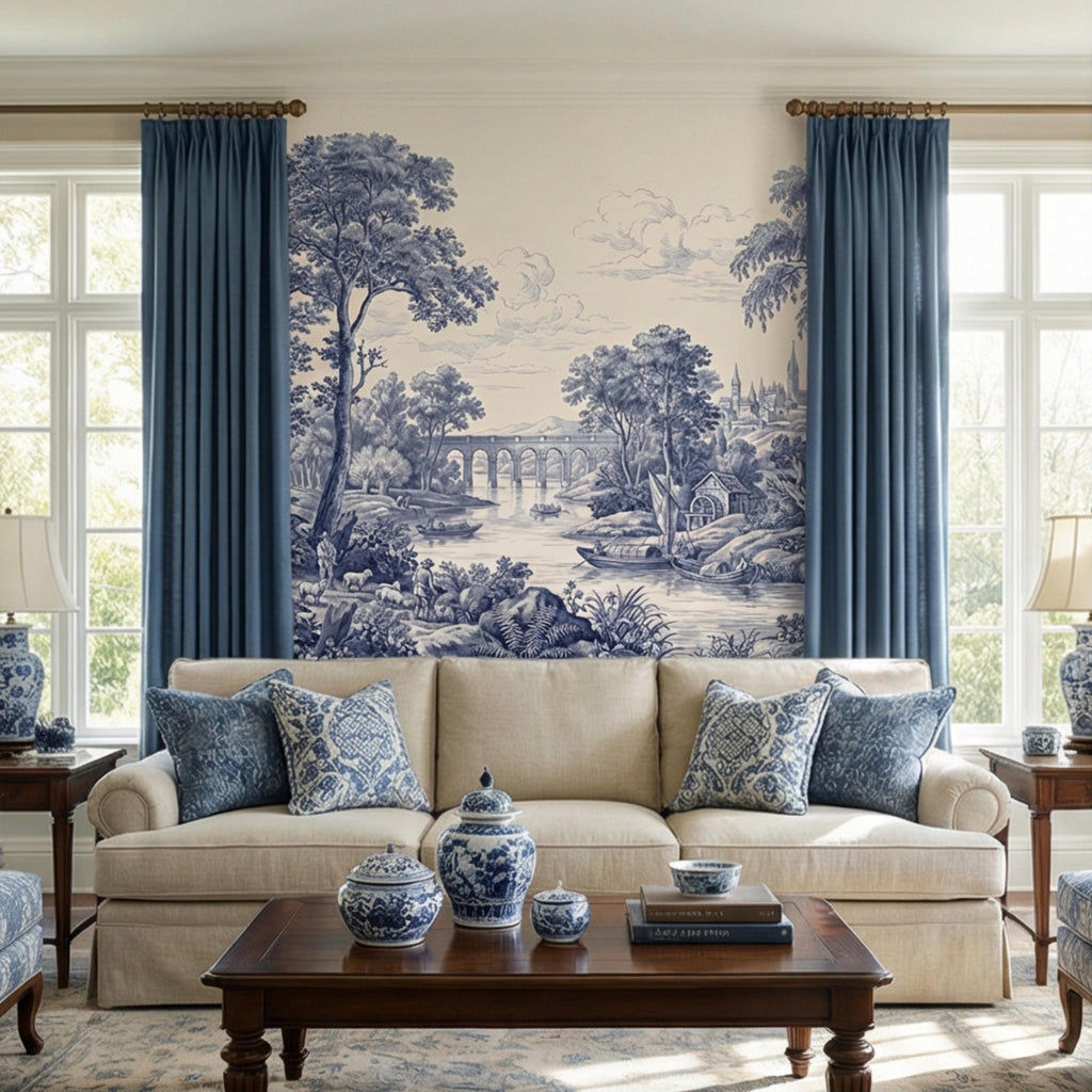 Blue Toile de Jouy French Country Pastoral River Landscape Peel and Stick Wall Mural, Vintage Scenic Wallpaper