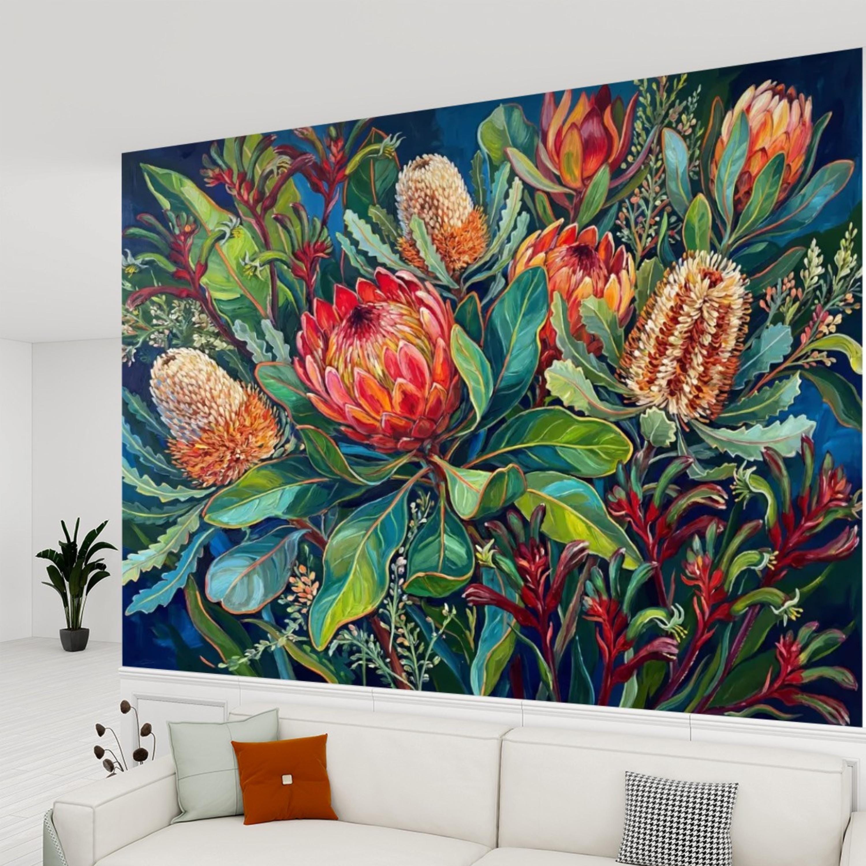 Botanical Protea Flowers Peel and Stick Wall Mural, Vibrant Tropical Floral Wallpaper, Bold Banksia Garden Statement Wall Decor