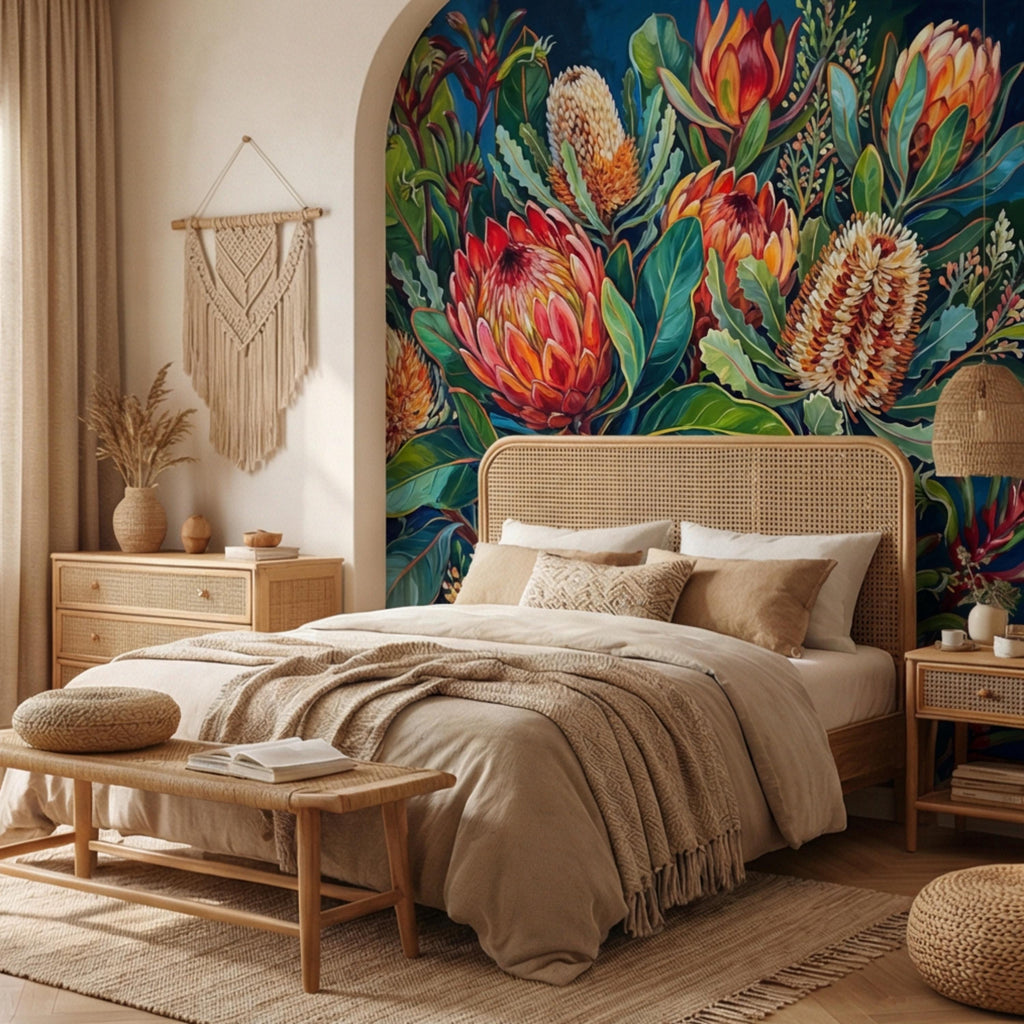 Botanical Protea Flowers Peel and Stick Wall Mural, Vibrant Tropical Floral Wallpaper, Bold Banksia Garden Statement Wall Decor