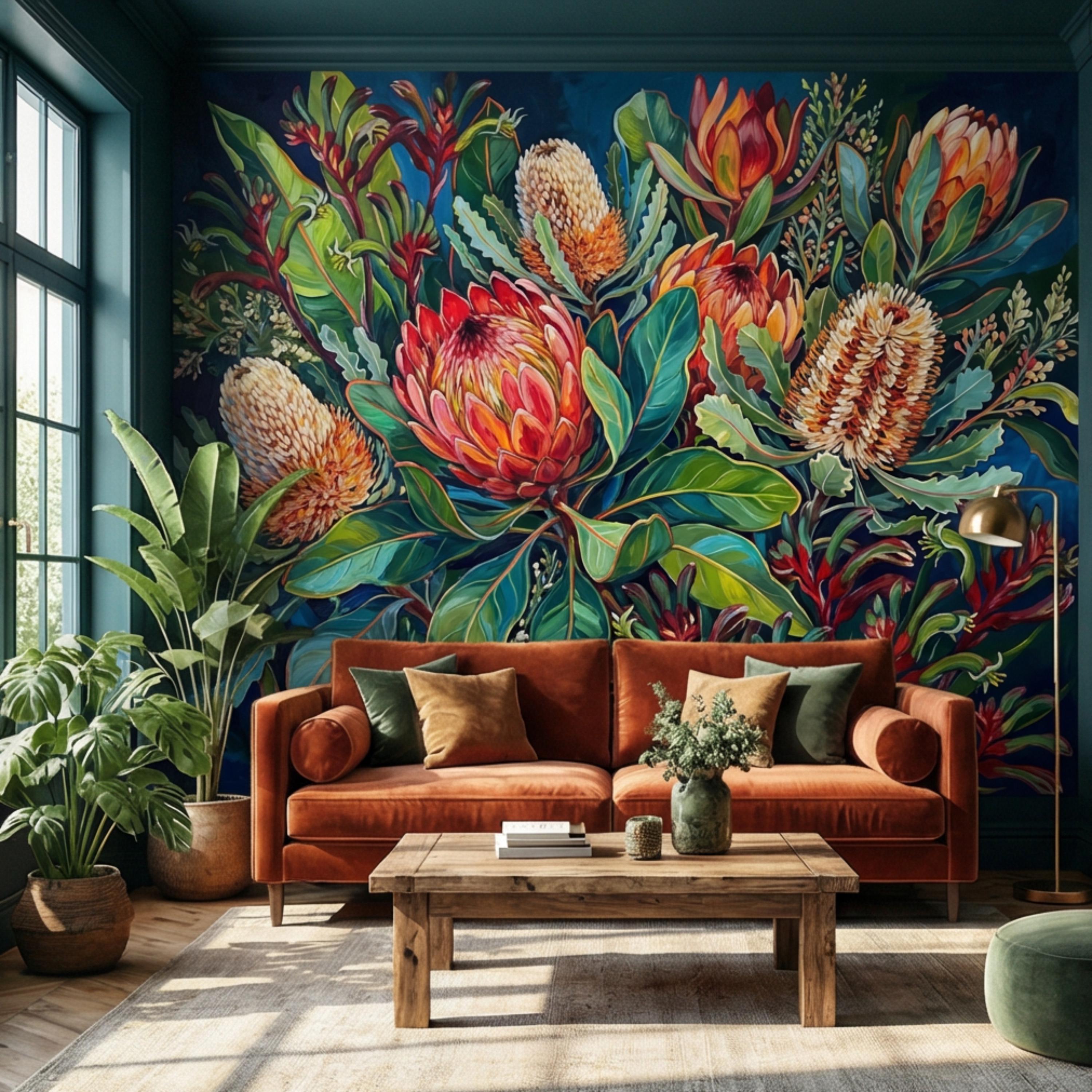Botanical Protea Flowers Peel and Stick Wall Mural, Vibrant Tropical Floral Wallpaper, Bold Banksia Garden Statement Wall Decor