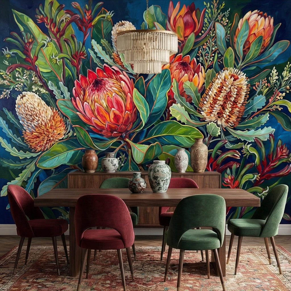Botanical Protea Flowers Peel and Stick Wall Mural, Vibrant Tropical Floral Wallpaper, Bold Banksia Garden Statement Wall Decor