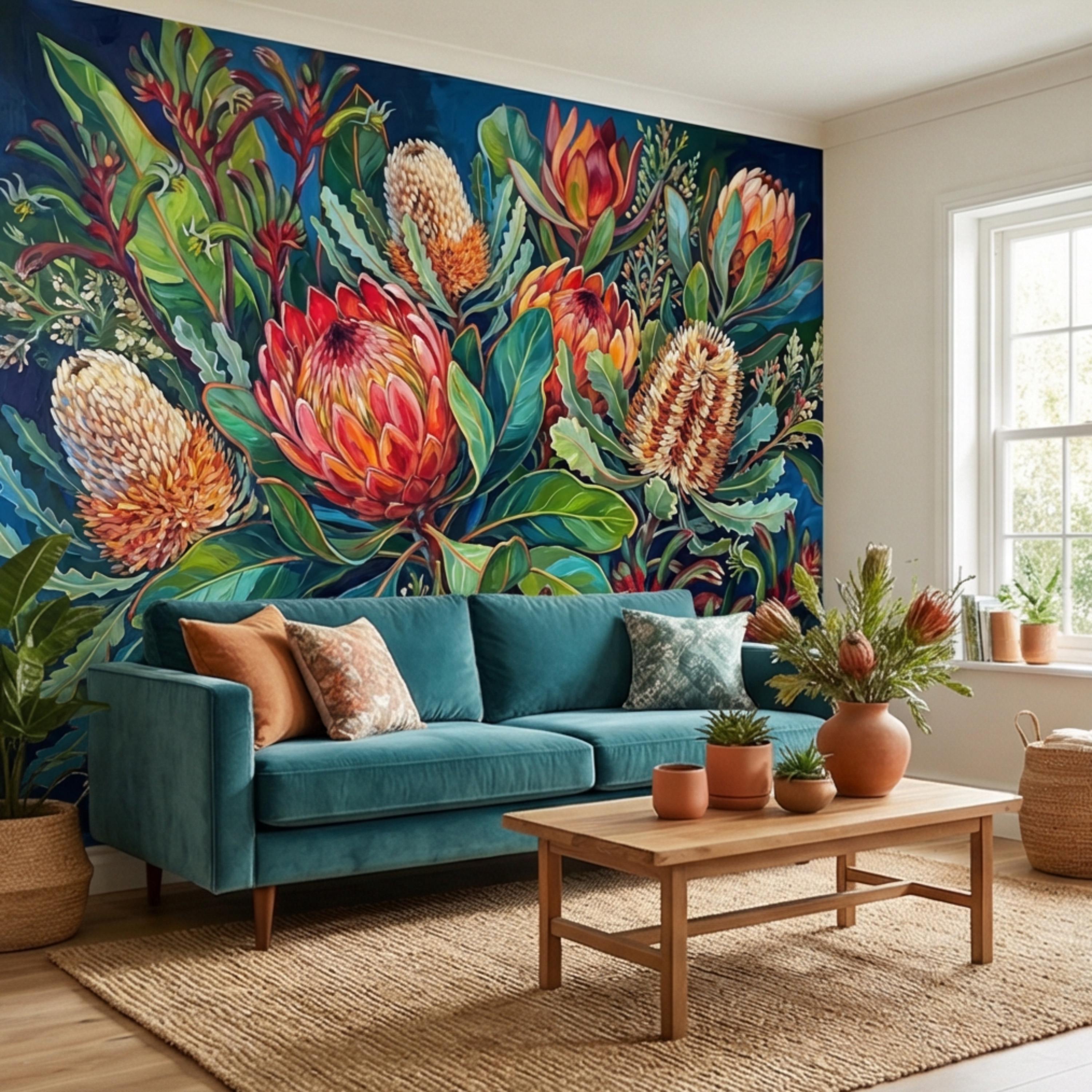 Botanical Protea Flowers Peel and Stick Wall Mural, Vibrant Tropical Floral Wallpaper, Bold Banksia Garden Statement Wall Decor