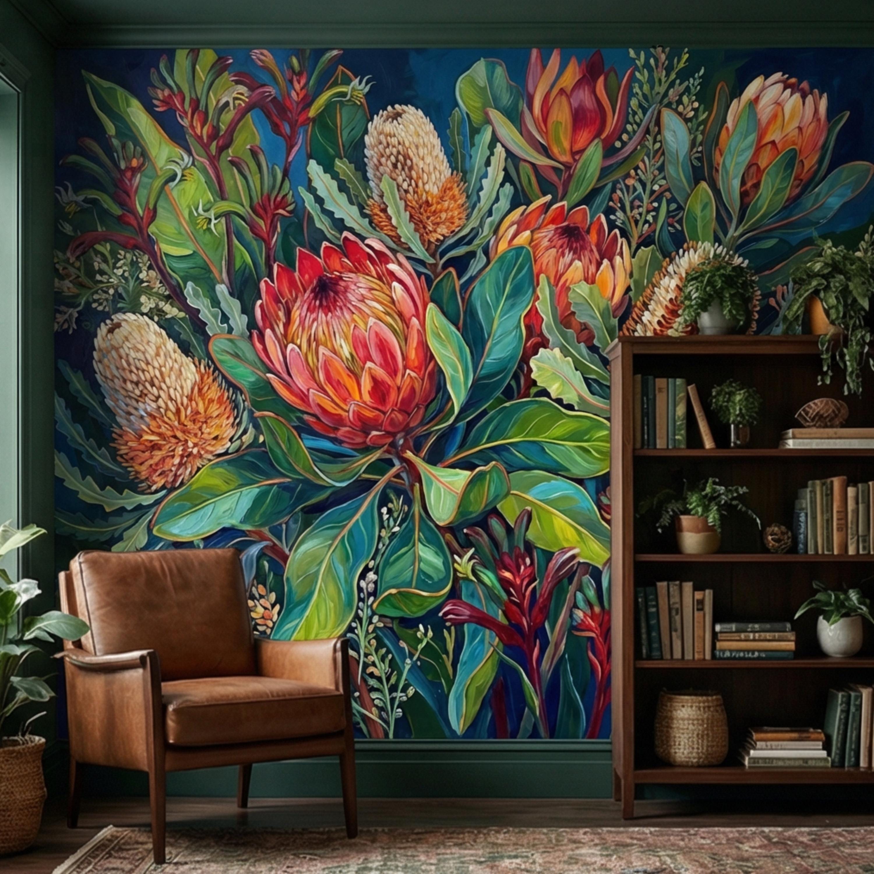 Botanical Protea Flowers Peel and Stick Wall Mural, Vibrant Tropical Floral Wallpaper, Bold Banksia Garden Statement Wall Decor