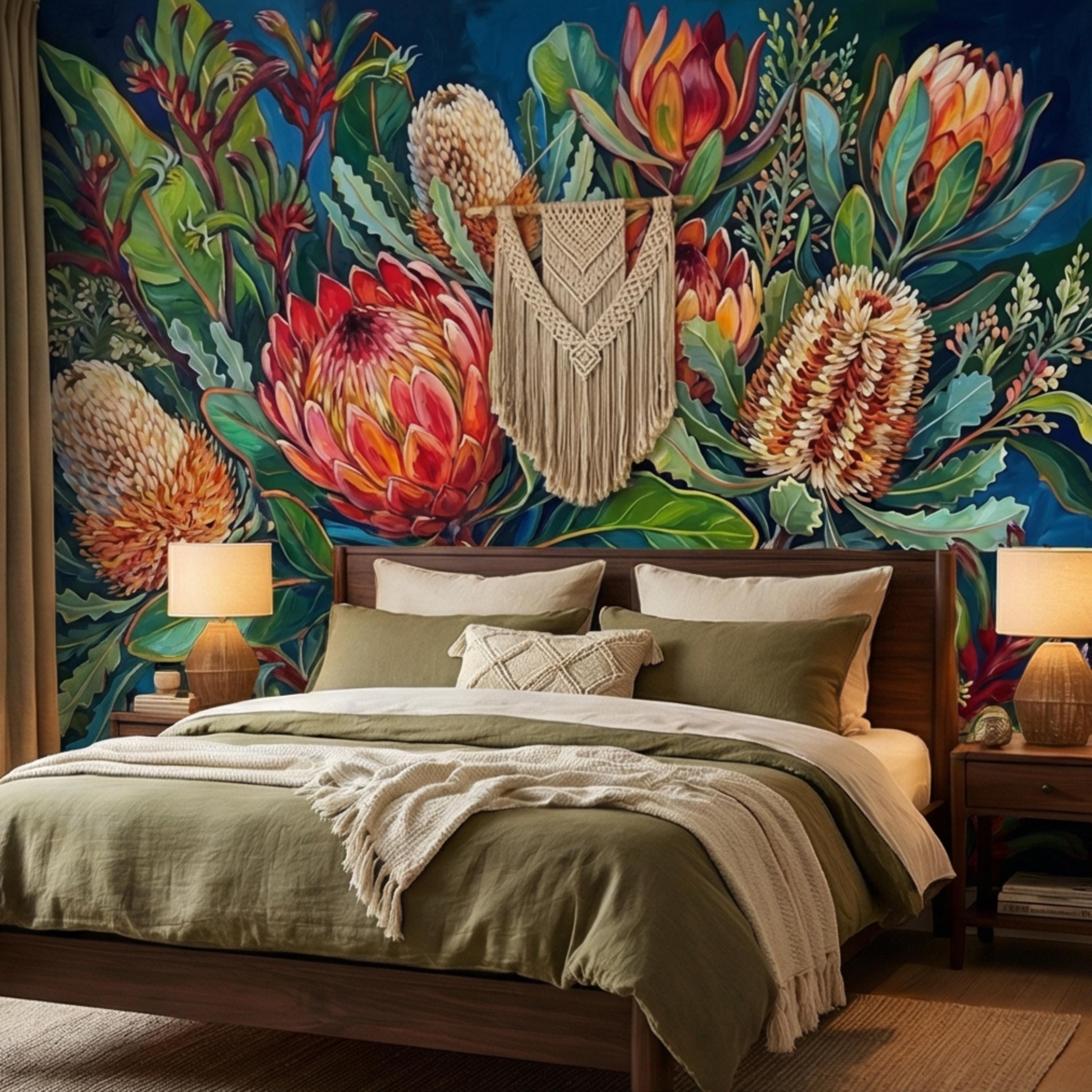 Botanical Protea Flowers Peel and Stick Wall Mural, Vibrant Tropical Floral Wallpaper, Bold Banksia Garden Statement Wall Decor