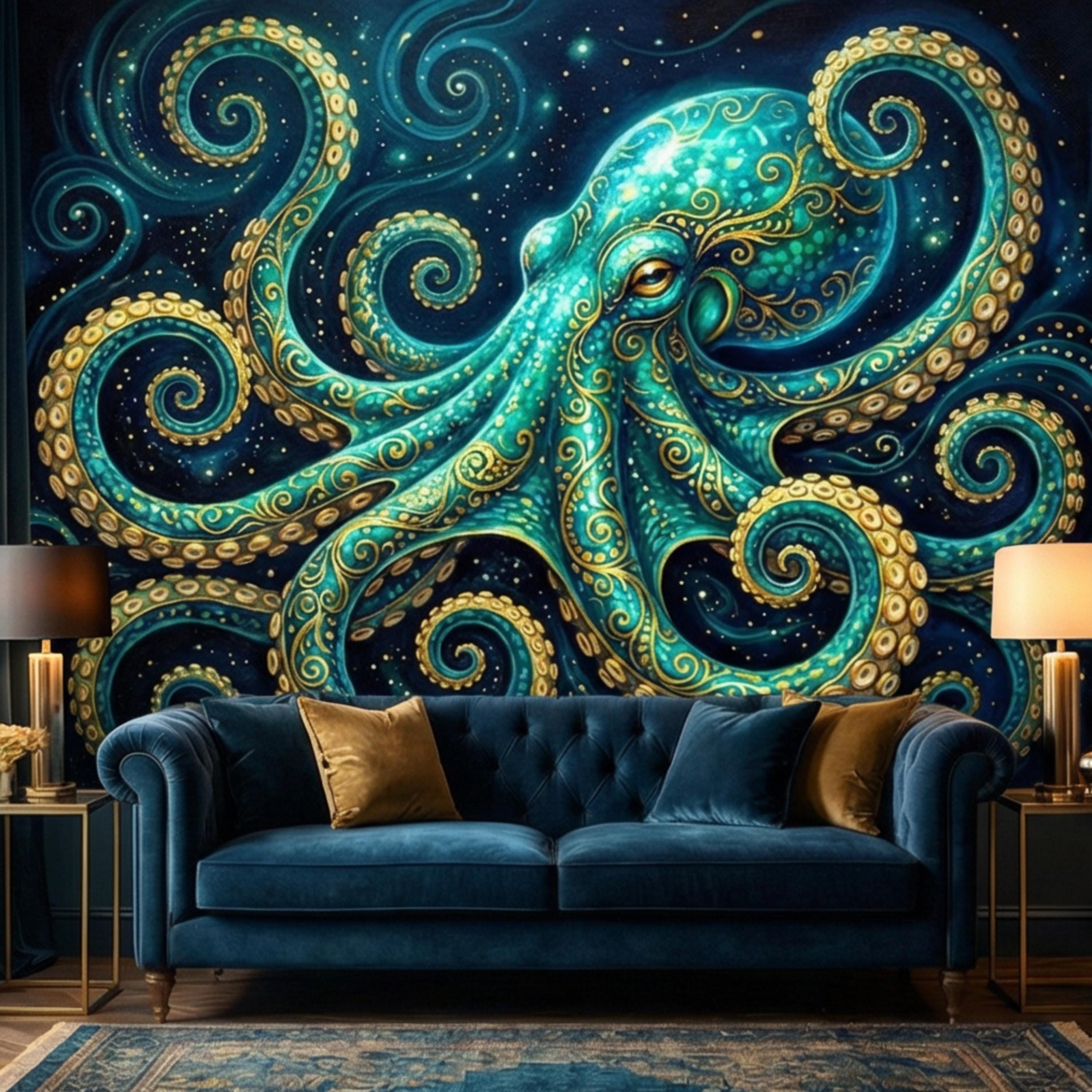 Octopus Nautical Ocean Fantasy Peel and Stick Wall Mural, Teal Art Nouveau Sea Life Wallpaper