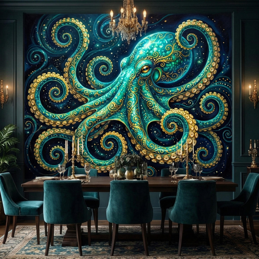 Octopus Nautical Ocean Fantasy Peel and Stick Wall Mural, Teal Art Nouveau Sea Life Wallpaper