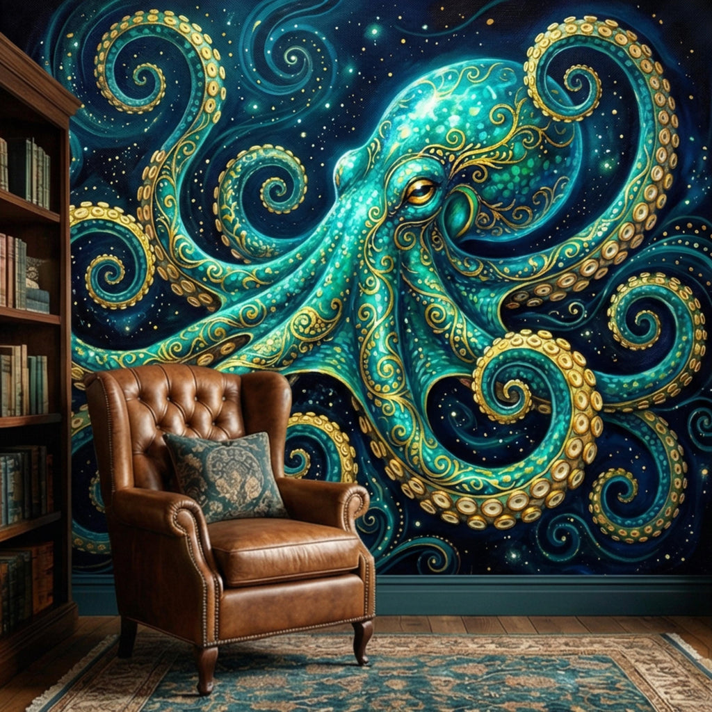 Octopus Nautical Ocean Fantasy Peel and Stick Wall Mural, Teal Art Nouveau Sea Life Wallpaper