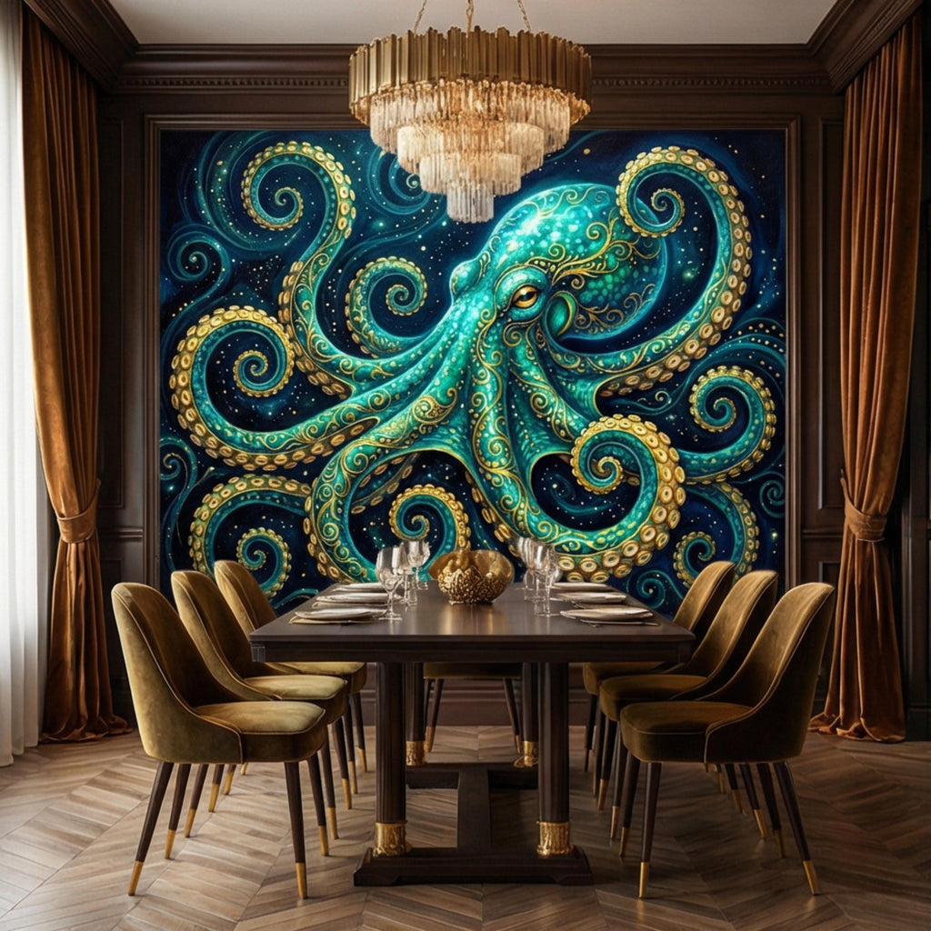 Octopus Nautical Ocean Fantasy Peel and Stick Wall Mural, Teal Art Nouveau Sea Life Wallpaper