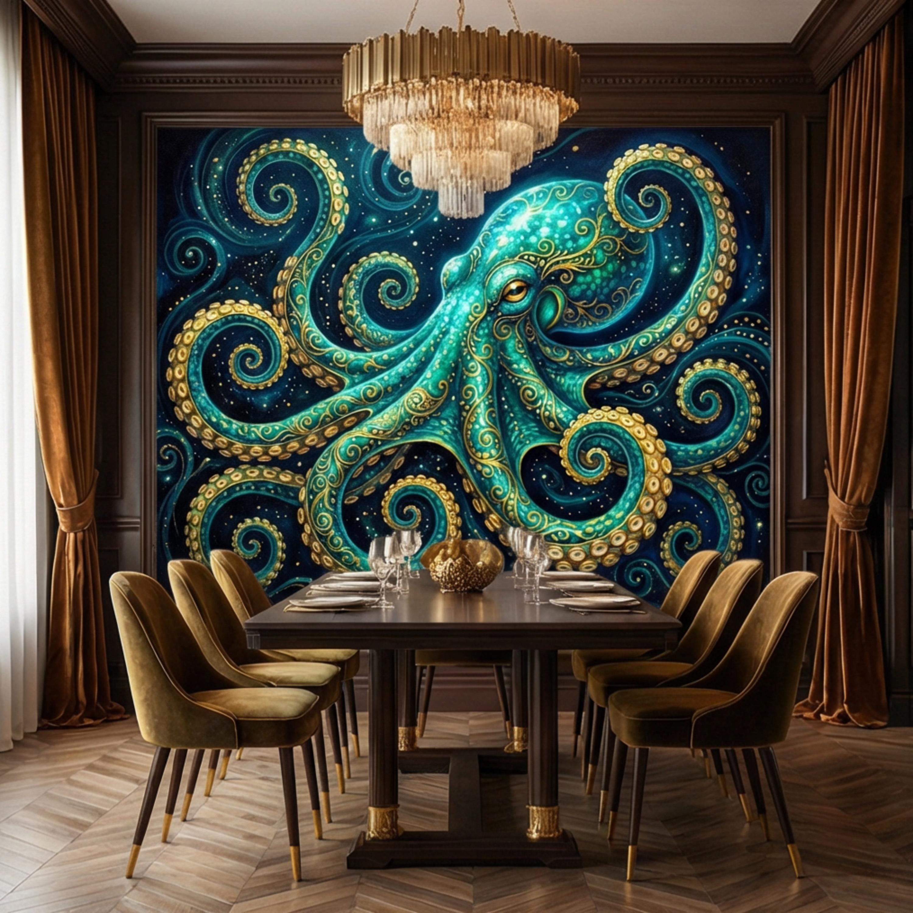 Octopus Nautical Ocean Fantasy Peel and Stick Wall Mural, Teal Art Nouveau Sea Life Wallpaper