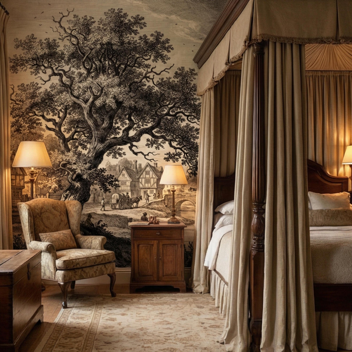 Antique-style countryside wall mural with sprawling tree branches and village scene