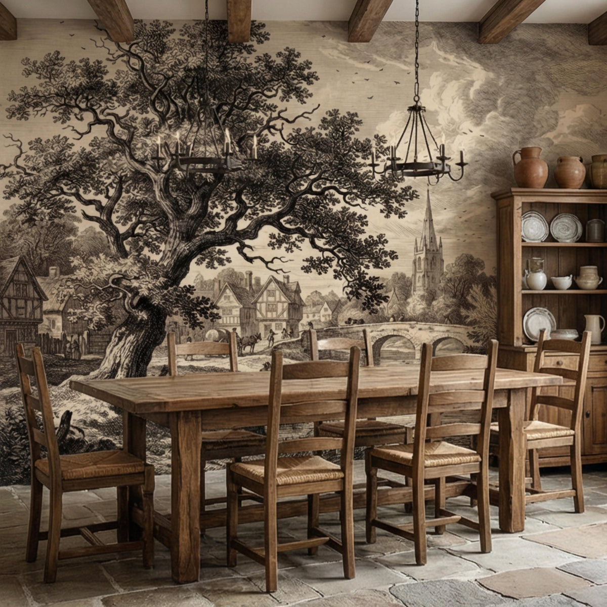 Antique-style river landscape wall mural showing arched bridge and church spire