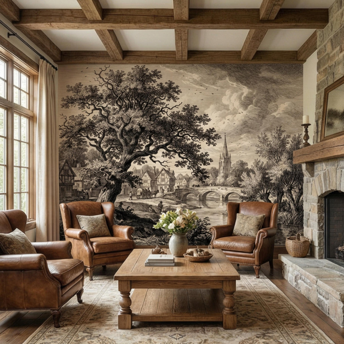 Antique-style river landscape wall mural with bridge, church spire, and large tree