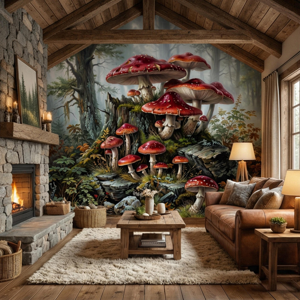 Misty Forest Mushroom Peel and Stick Wall Mural, Fly Agaric Woodland Botanical Art, Moody Rustic Nature Wallpaper