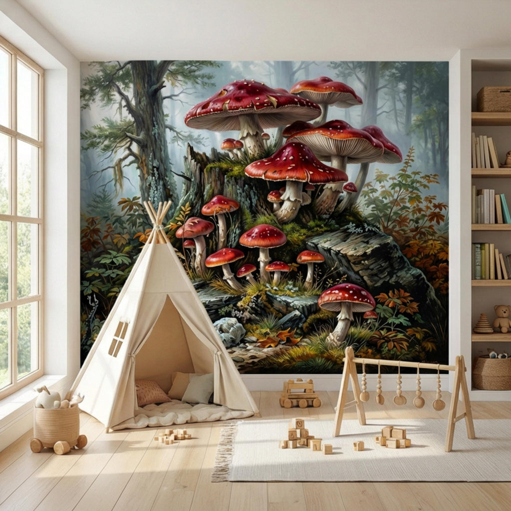 Misty Forest Mushroom Peel and Stick Wall Mural, Fly Agaric Woodland Botanical Art, Moody Rustic Nature Wallpaper