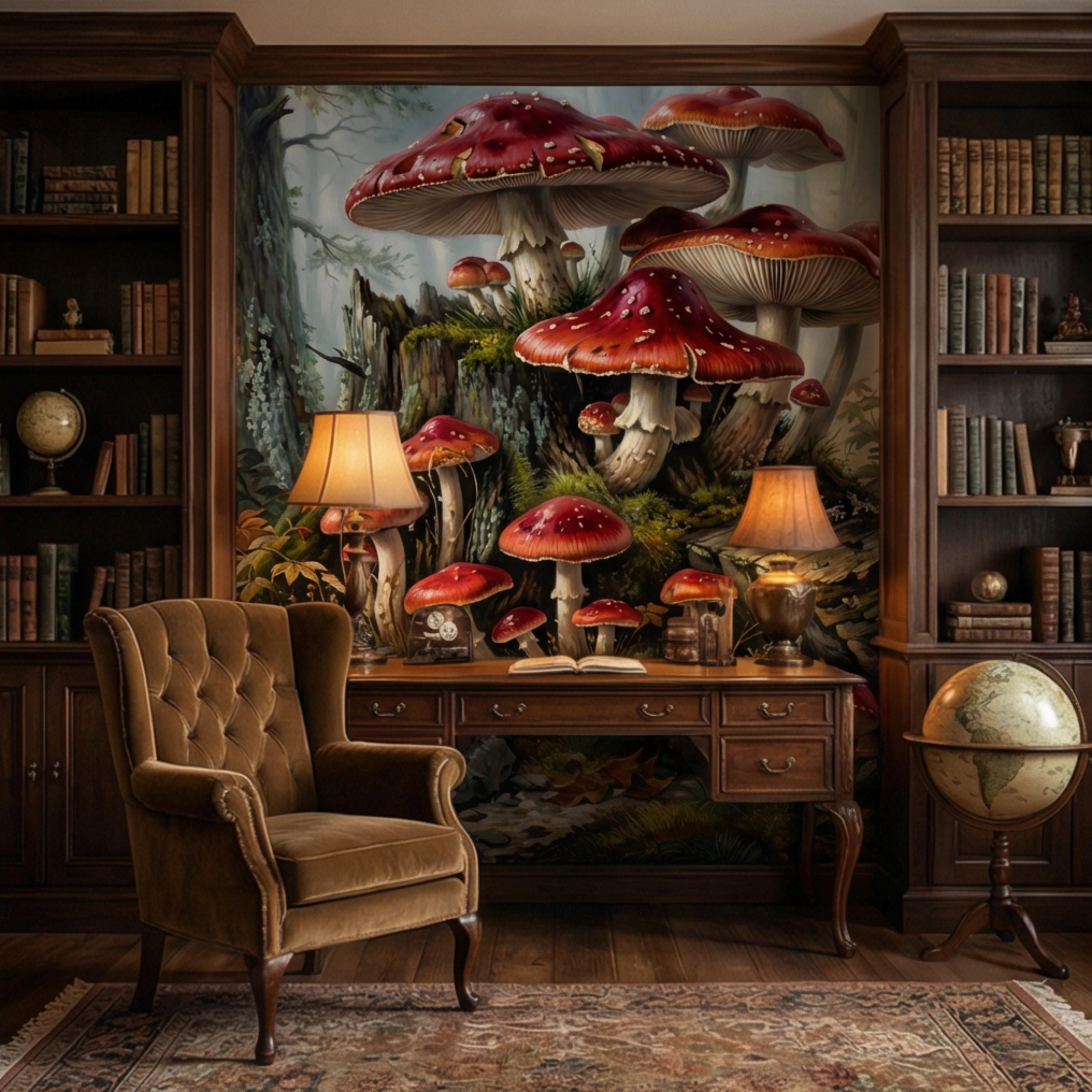 Misty Forest Mushroom Peel and Stick Wall Mural, Fly Agaric Woodland Botanical Art, Moody Rustic Nature Wallpaper