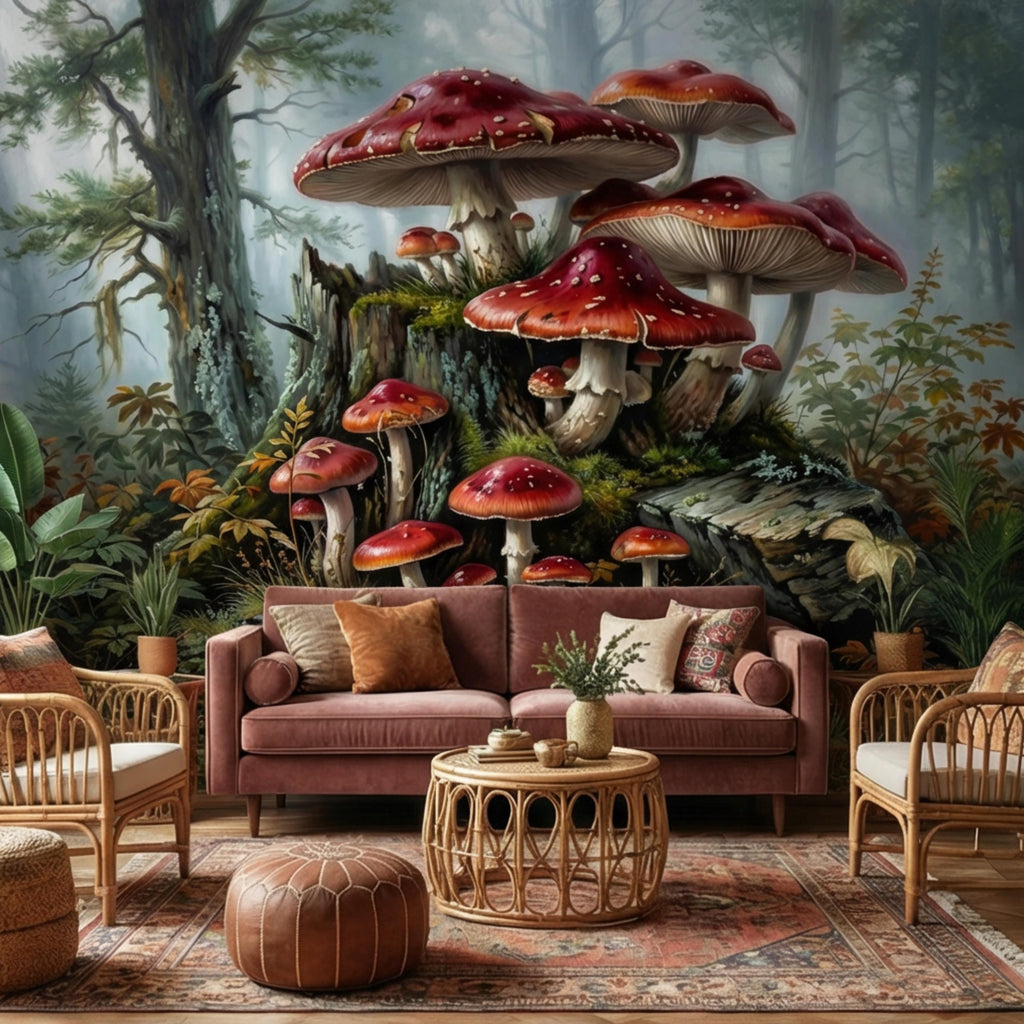 Misty Forest Mushroom Peel and Stick Wall Mural, Fly Agaric Woodland Botanical Art, Moody Rustic Nature Wallpaper