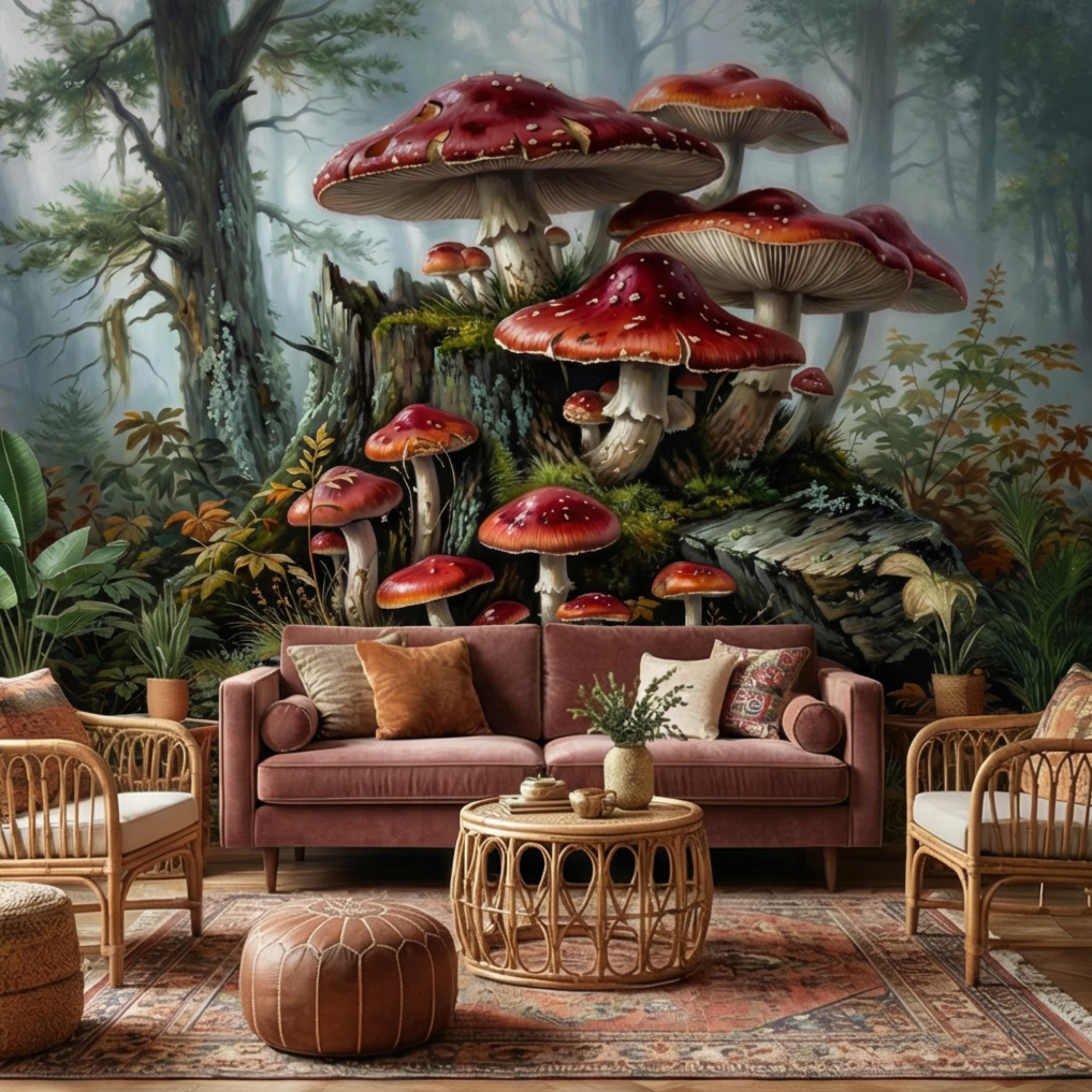 Misty Forest Mushroom Peel and Stick Wall Mural, Fly Agaric Woodland Botanical Art, Moody Rustic Nature Wallpaper