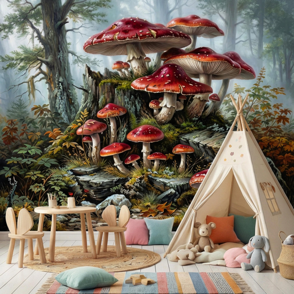 Misty Forest Mushroom Peel and Stick Wall Mural, Fly Agaric Woodland Botanical Art, Moody Rustic Nature Wallpaper