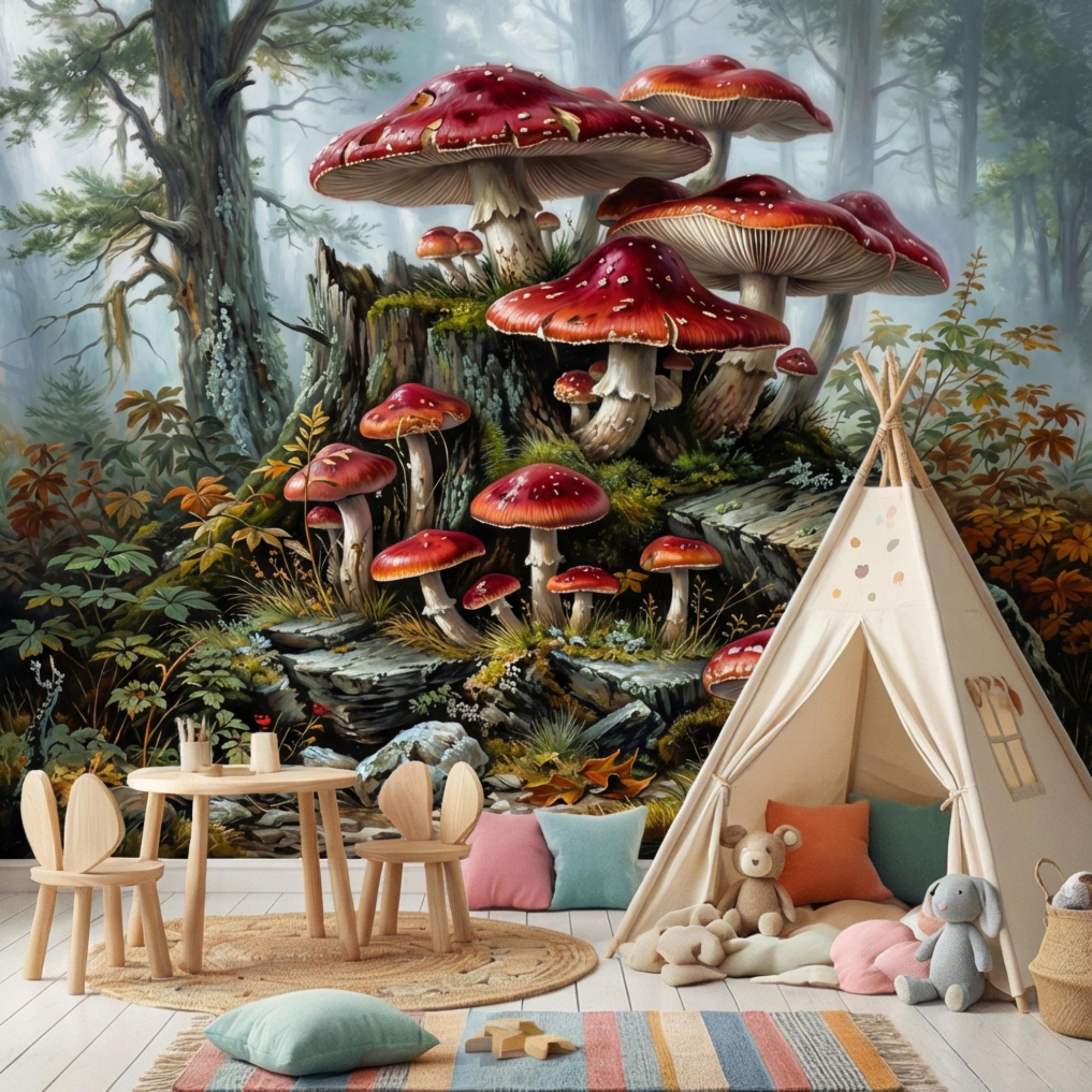 Misty Forest Mushroom Peel and Stick Wall Mural, Fly Agaric Woodland Botanical Art, Moody Rustic Nature Wallpaper