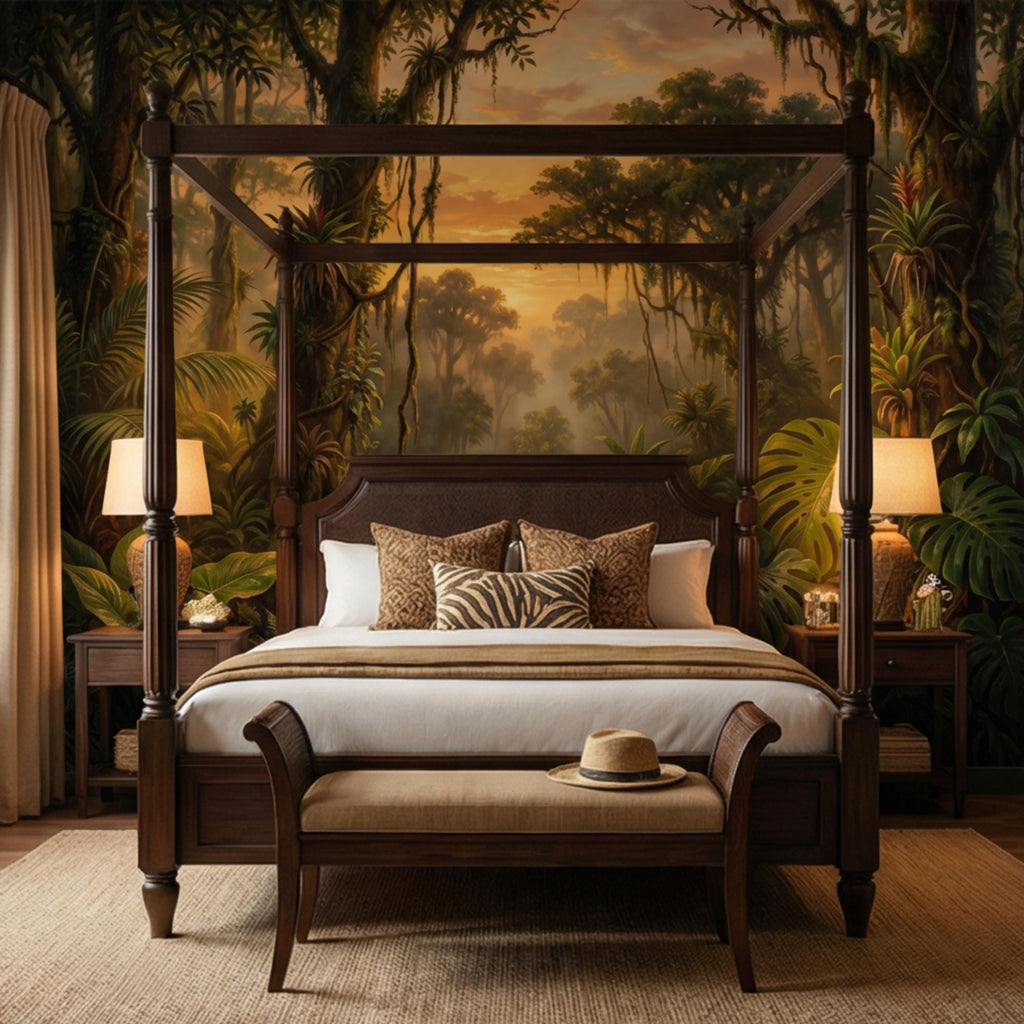 Tropical Rainforest Jungle River at Sunset Peel and Stick Wall Mural, Monstera Botanical Landscape Nature Wallpaper