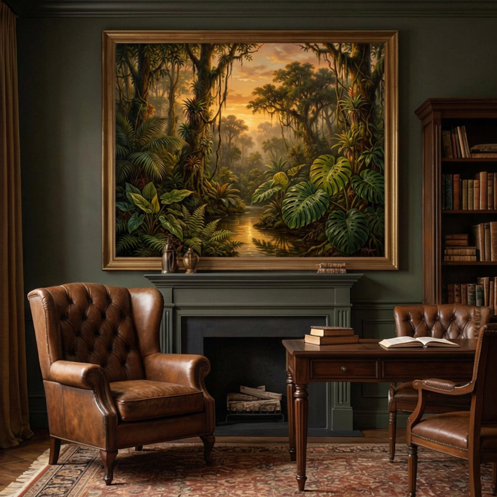 Tropical Rainforest Jungle River at Sunset Peel and Stick Wall Mural, Monstera Botanical Landscape Nature Wallpaper