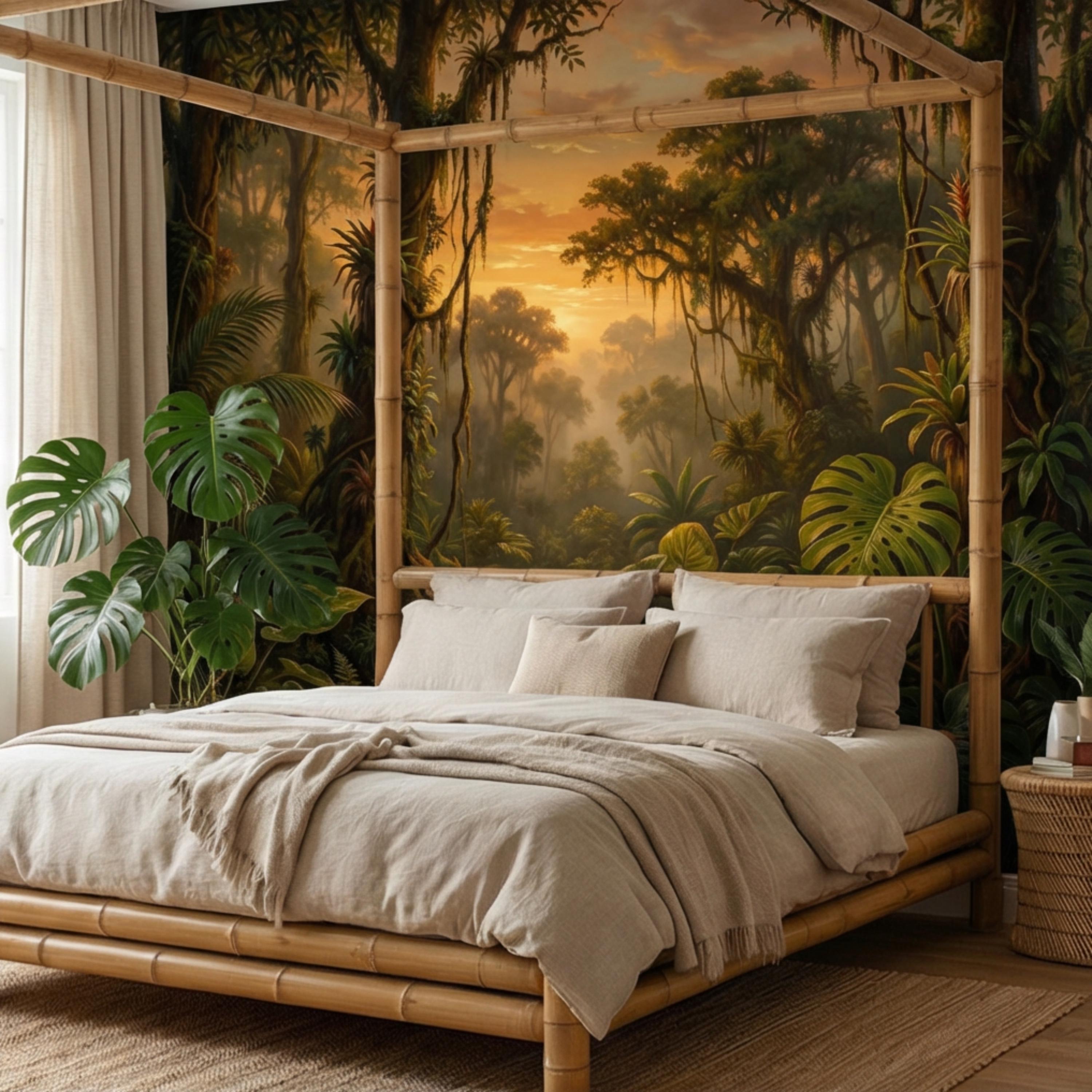 Tropical Rainforest Jungle River at Sunset Peel and Stick Wall Mural, Monstera Botanical Landscape Nature Wallpaper