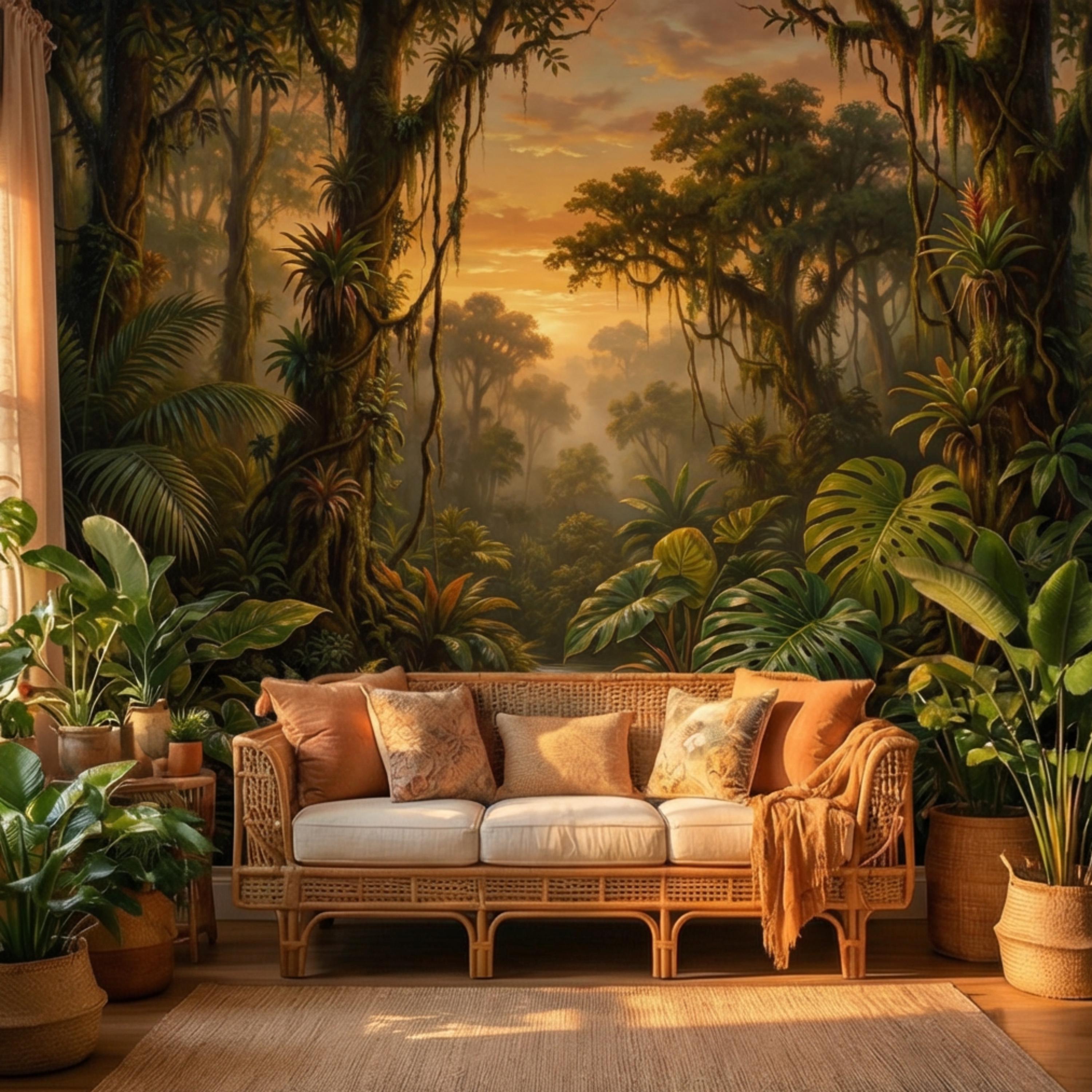 Tropical Rainforest Jungle River at Sunset Peel and Stick Wall Mural, Monstera Botanical Landscape Nature Wallpaper
