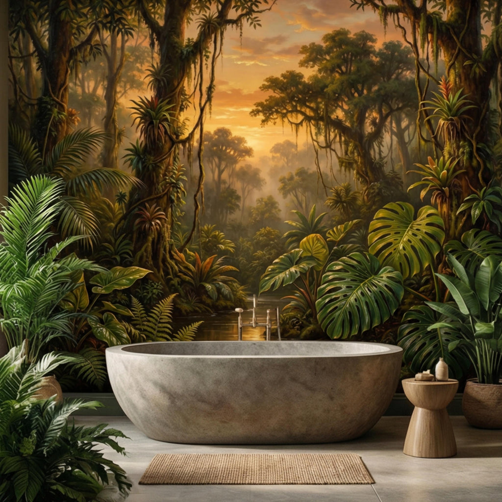 Tropical Rainforest Jungle River at Sunset Peel and Stick Wall Mural, Monstera Botanical Landscape Nature Wallpaper