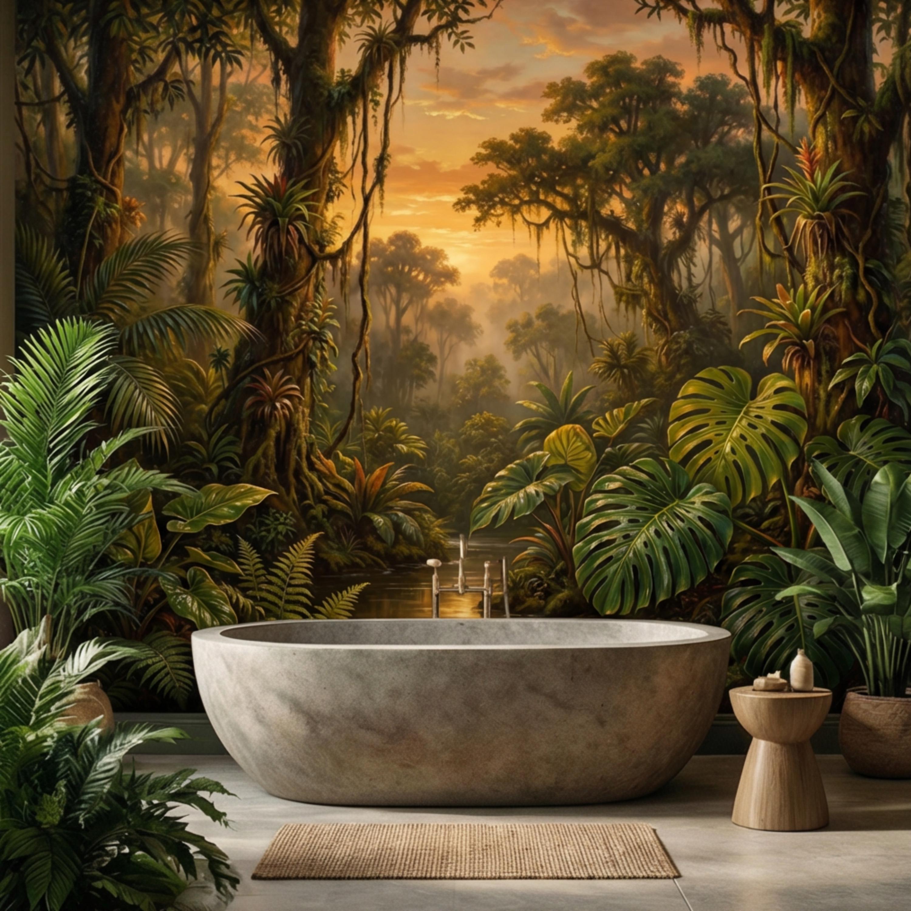 Tropical Rainforest Jungle River at Sunset Peel and Stick Wall Mural, Monstera Botanical Landscape Nature Wallpaper