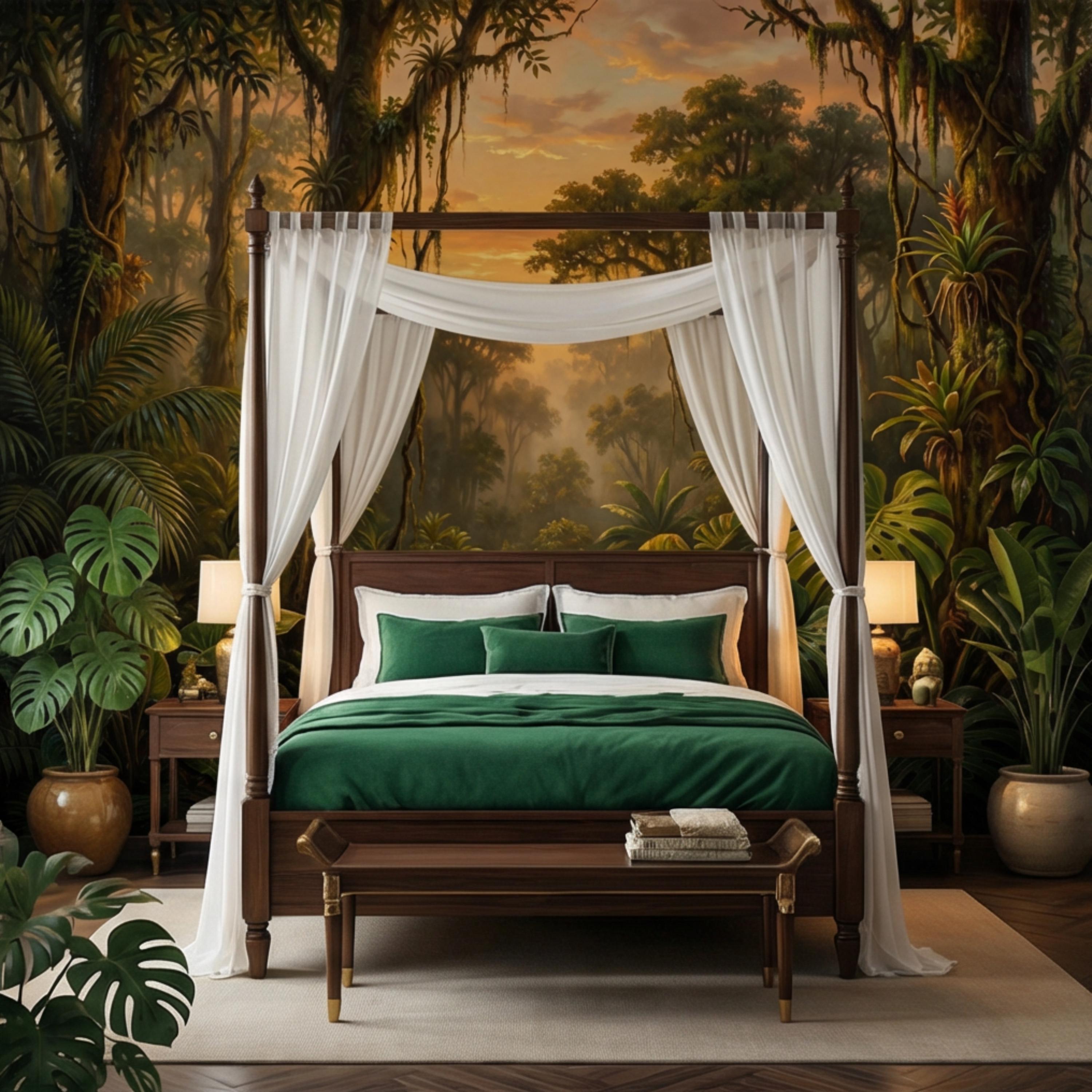Tropical Rainforest Jungle River at Sunset Peel and Stick Wall Mural, Monstera Botanical Landscape Nature Wallpaper