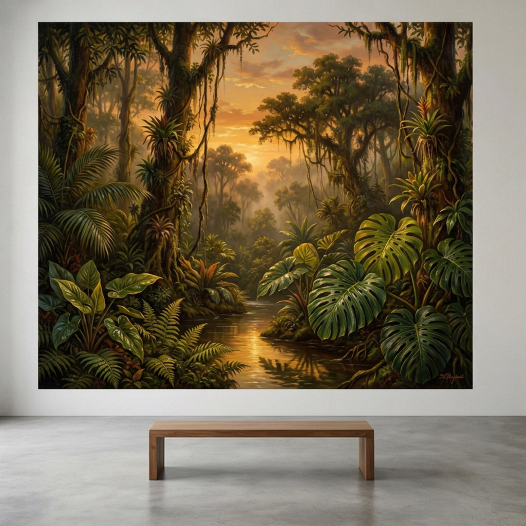 Tropical Rainforest Jungle River at Sunset Peel and Stick Wall Mural, Monstera Botanical Landscape Nature Wallpaper