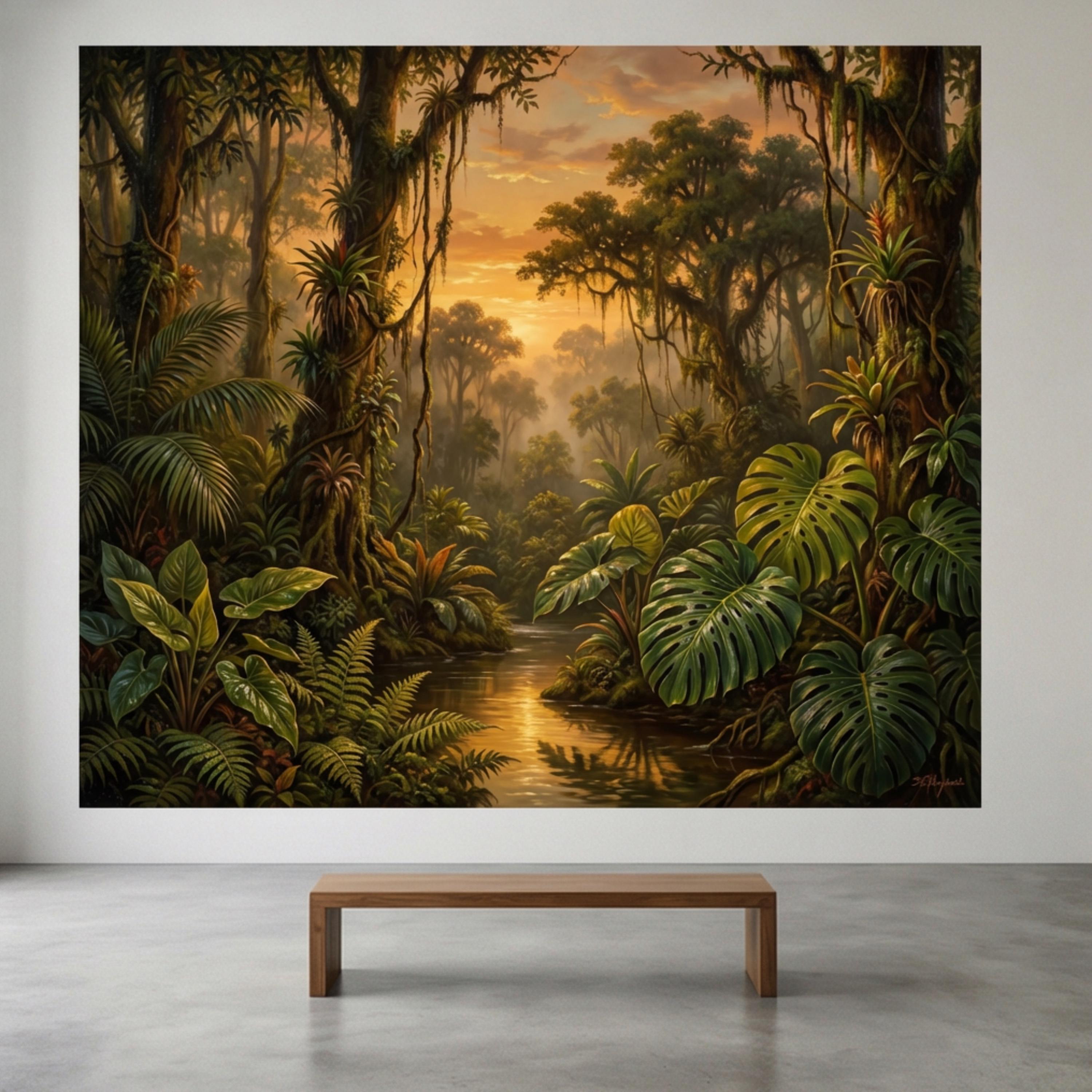 Tropical Rainforest Jungle River at Sunset Peel and Stick Wall Mural, Monstera Botanical Landscape Nature Wallpaper