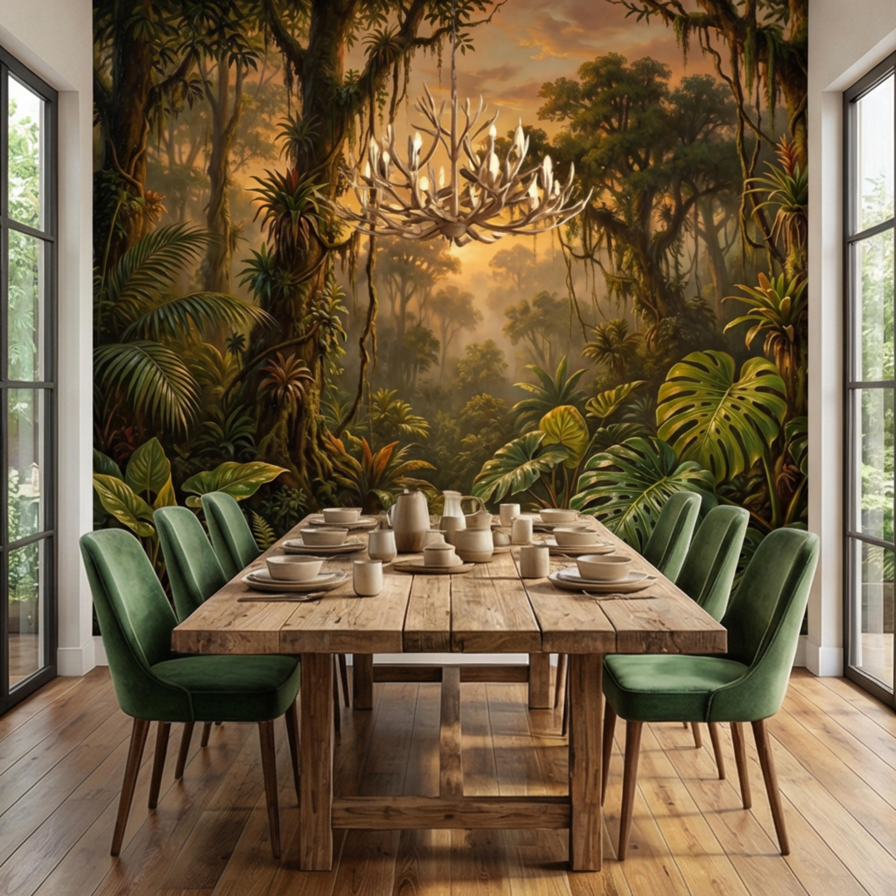 Tropical Rainforest Jungle River at Sunset Peel and Stick Wall Mural, Monstera Botanical Landscape Nature Wallpaper
