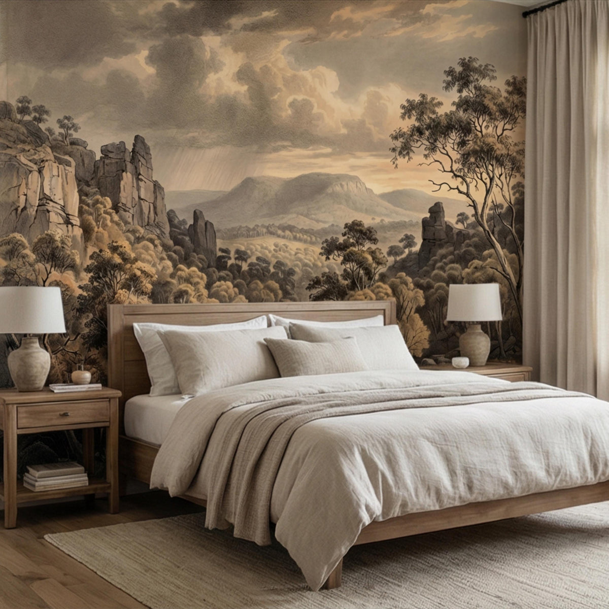Vintage western wall mural featuring sepia mountains, river valley, and detailed treetops