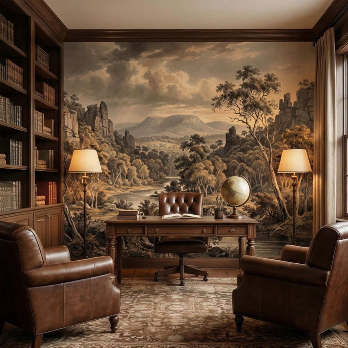 Vintage western landscape wall mural in sepia tones, river, cliffs, and tree-filled scenery