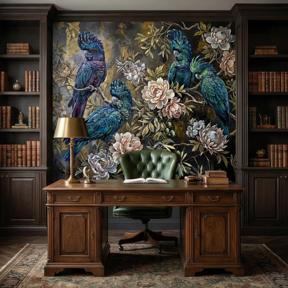 Statement wall mural of blue cockatoos and parrots with cream and pink blossoms