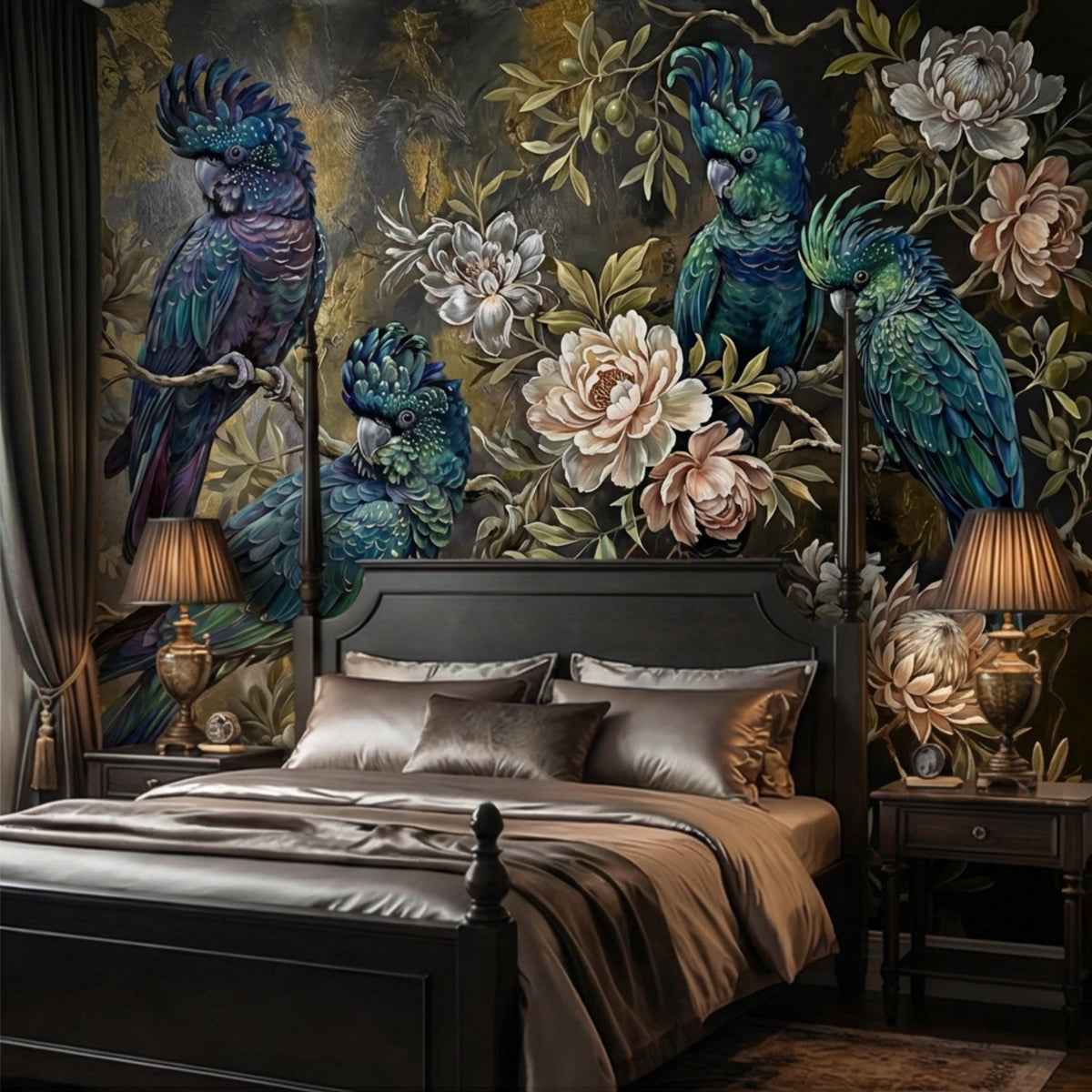 Vintage-style bird and floral wall mural with blue cockatoos and layered flower clusters