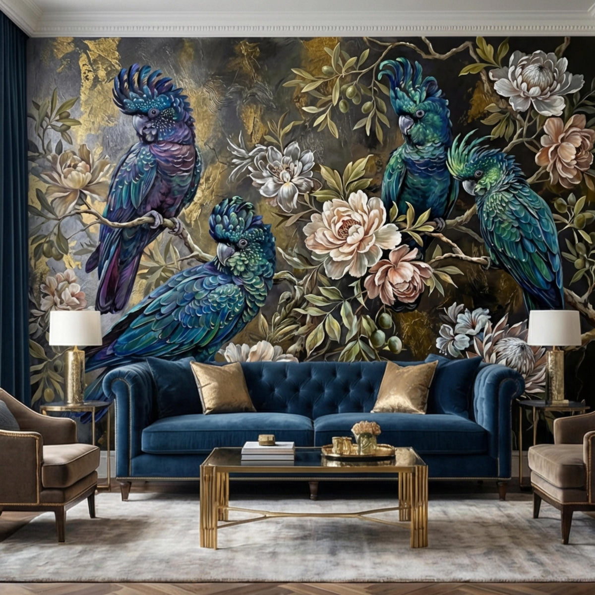 Blue and green parrot wall mural with large beige floral blooms on dark background