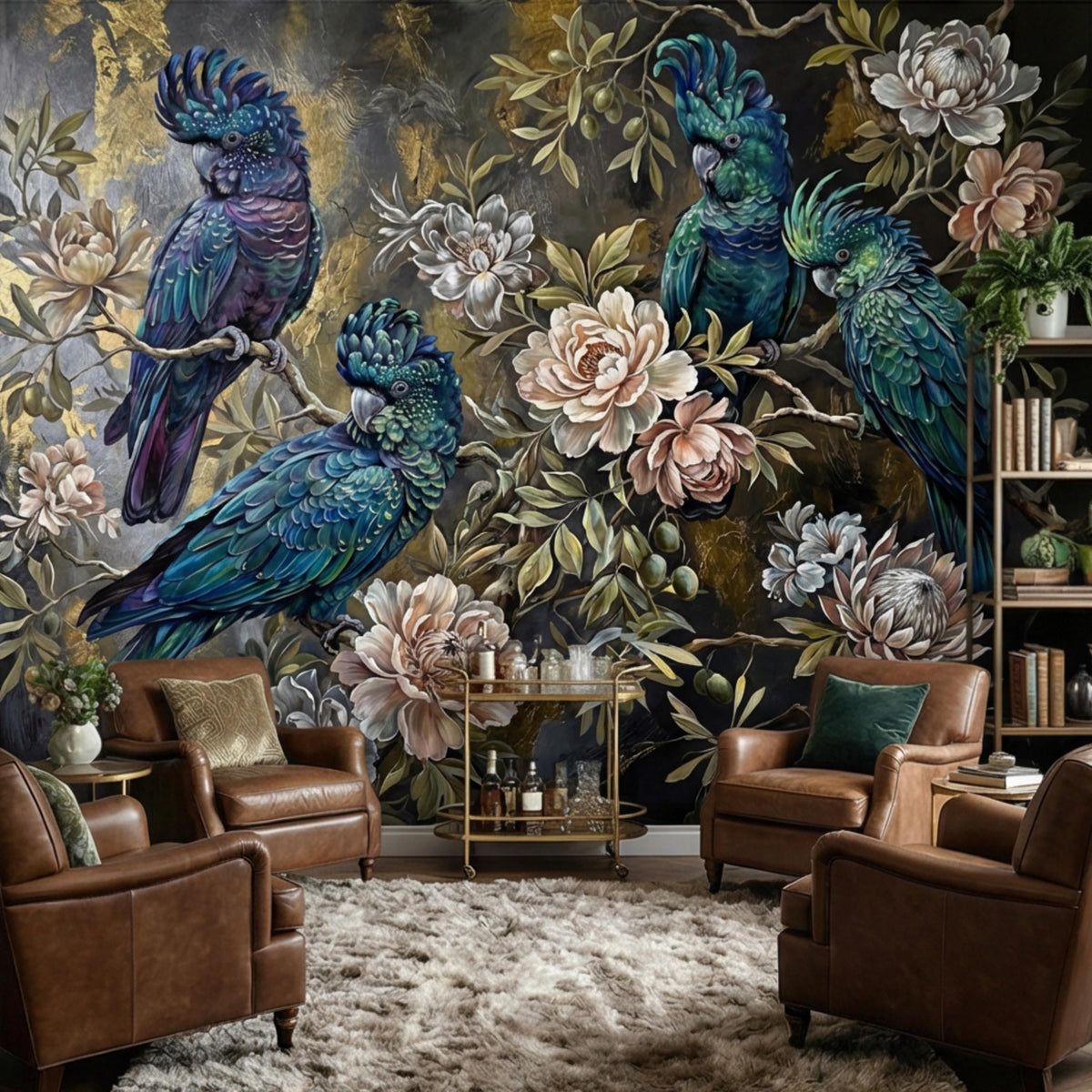 Dark botanical wall mural with blue and purple cockatoos, peacock accents, and flowers