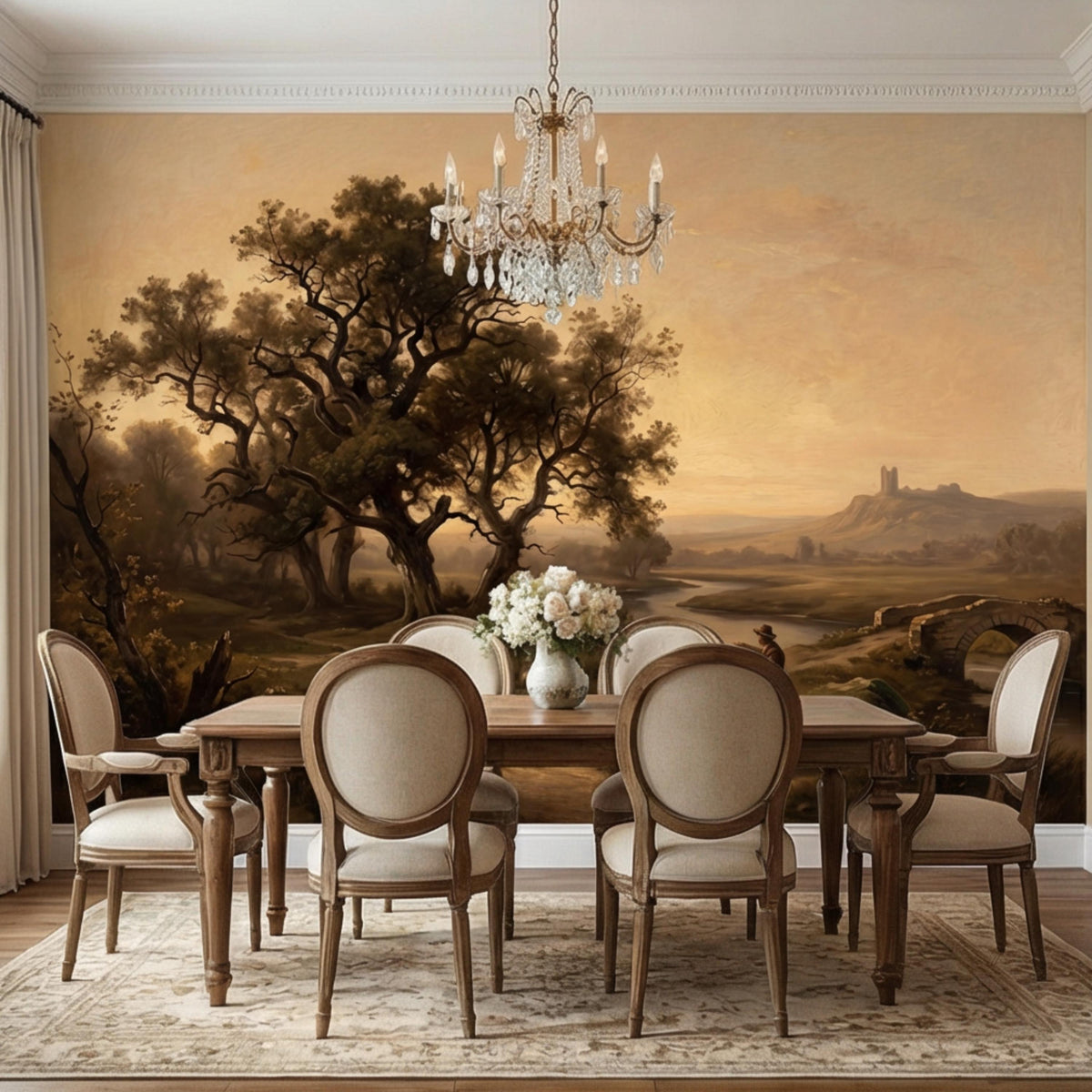 Vintage countryside river landscape wall mural with large tree, river scene, and distant tower