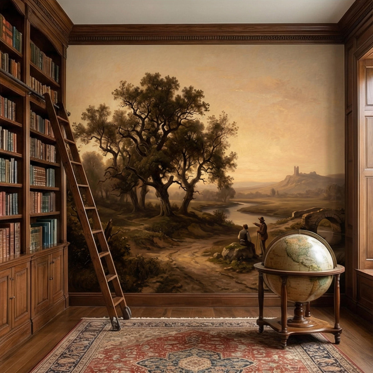 Vintage countryside river landscape wall mural with winding path, bridge arch, and globe