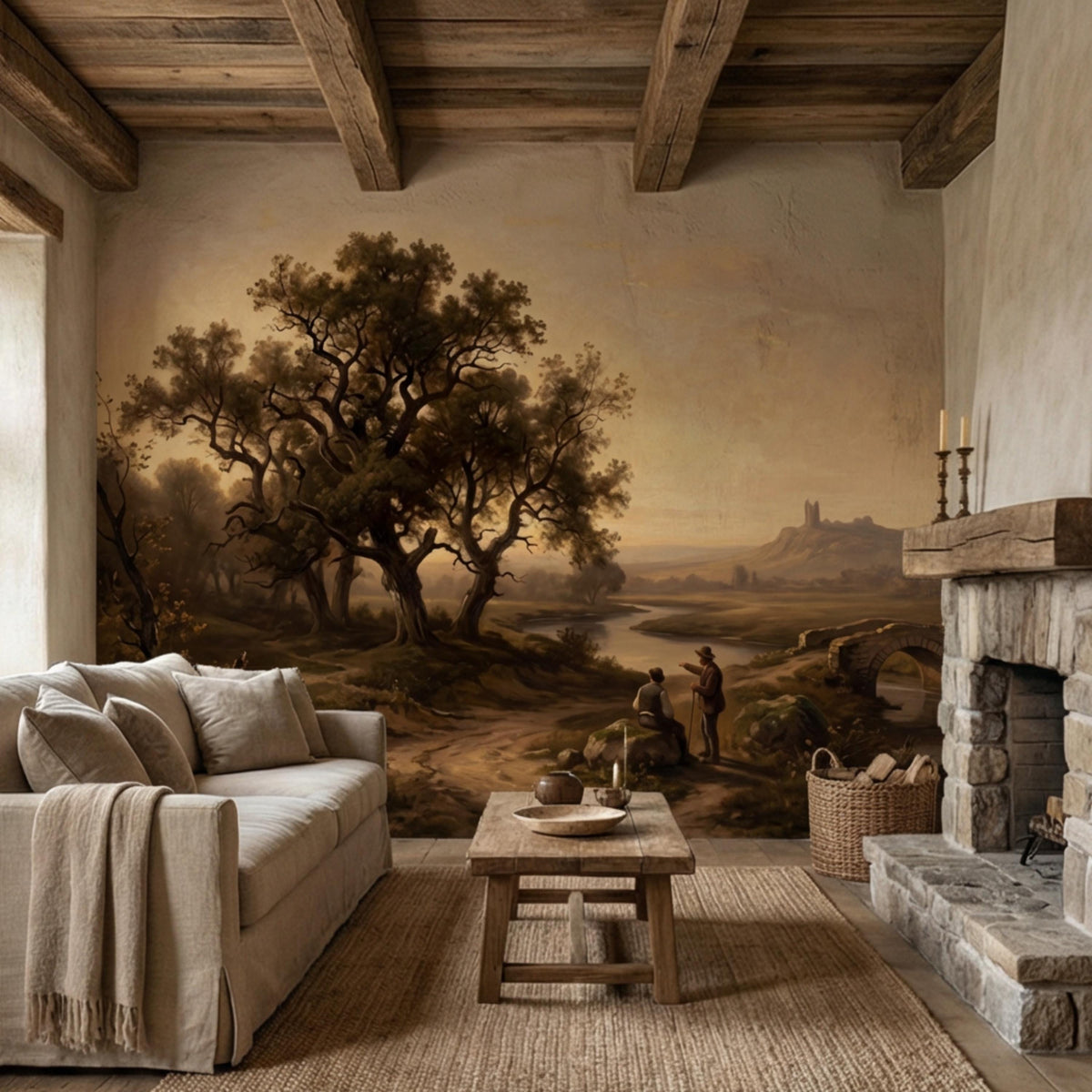 Vintage countryside river landscape wall mural with large trees and two travelers on path
