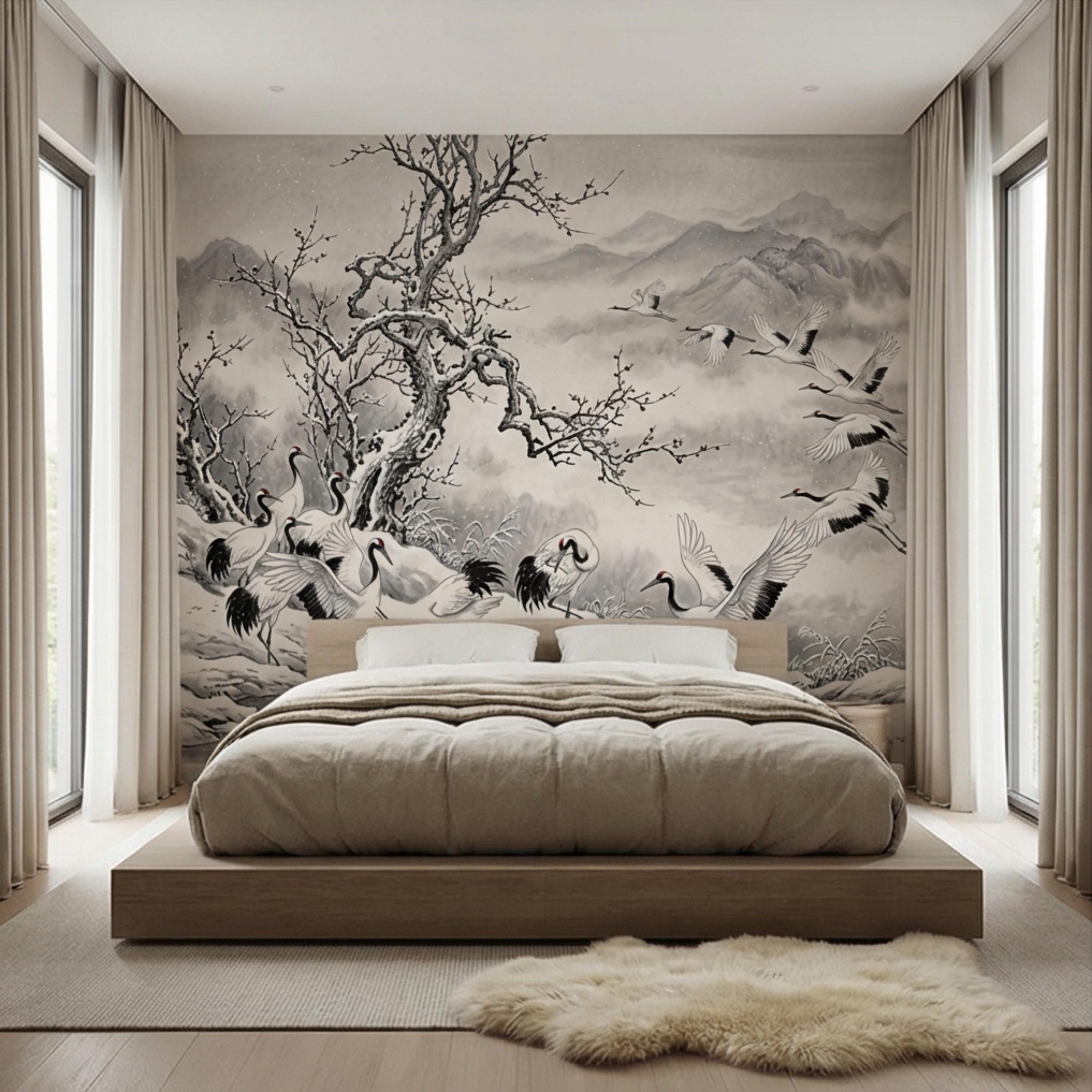 Japanese Crane Winter Landscape Peel and Stick Wall Mural, Chinoiserie Ink Wash Mountain Scene Wallpaper, Zen Asian Wall Decor