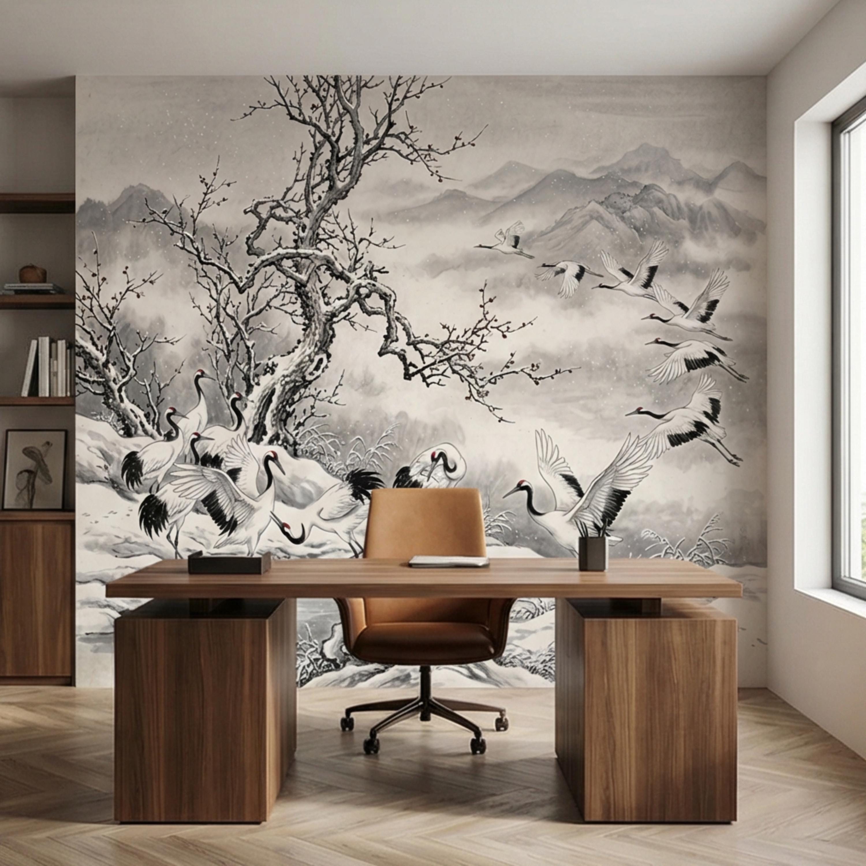 Japanese Crane Winter Landscape Peel and Stick Wall Mural, Chinoiserie Ink Wash Mountain Scene Wallpaper, Zen Asian Wall Decor