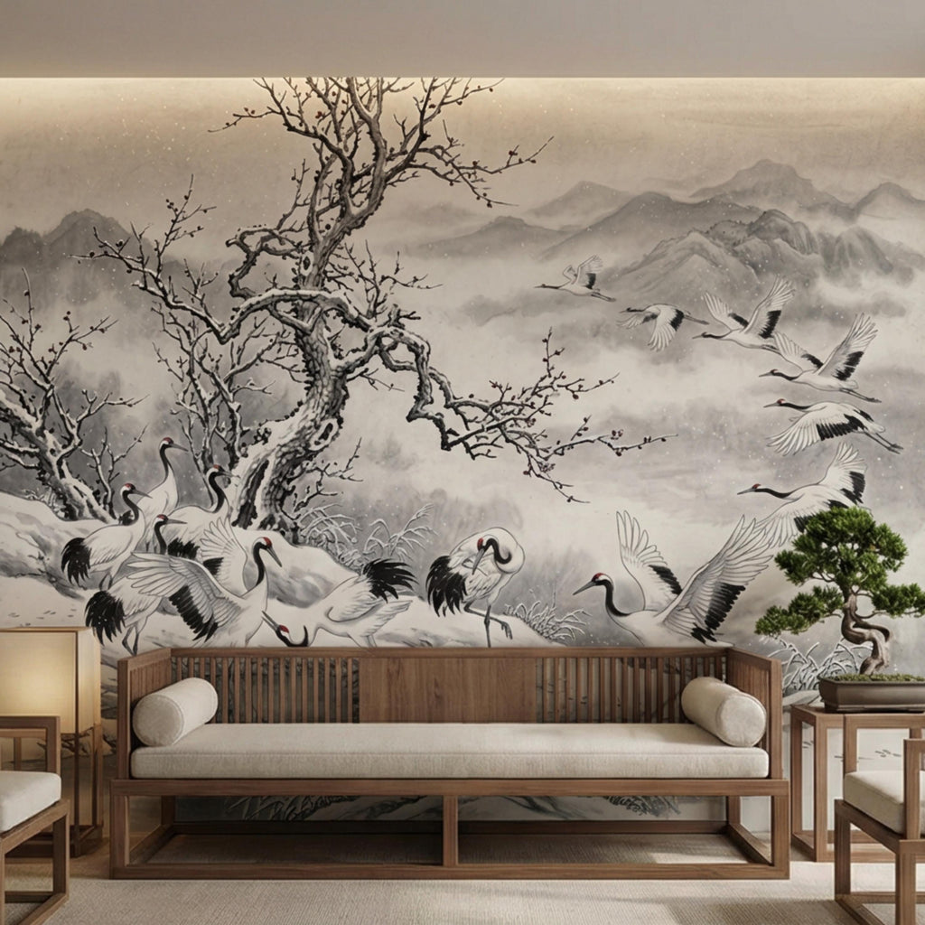 Japanese Crane Winter Landscape Peel and Stick Wall Mural, Chinoiserie Ink Wash Mountain Scene Wallpaper, Zen Asian Wall Decor
