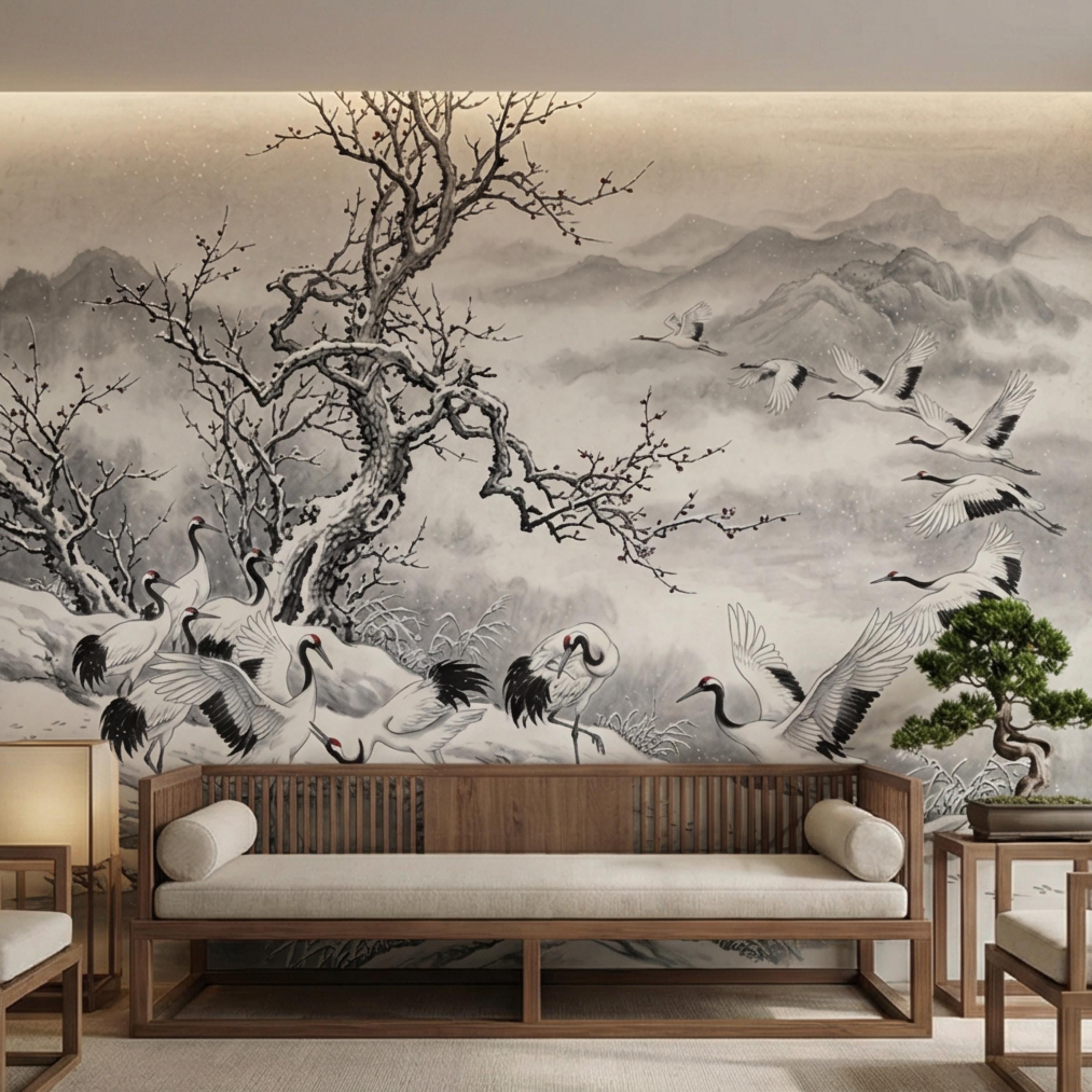 Japanese Crane Winter Landscape Peel and Stick Wall Mural, Chinoiserie Ink Wash Mountain Scene Wallpaper, Zen Asian Wall Decor