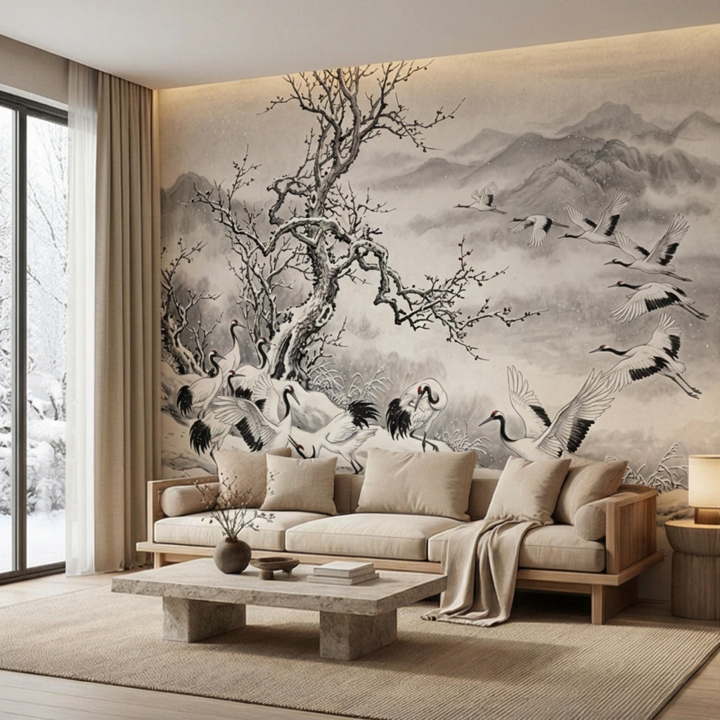Japanese Crane Winter Landscape Peel and Stick Wall Mural, Chinoiserie Ink Wash Mountain Scene Wallpaper, Zen Asian Wall Decor