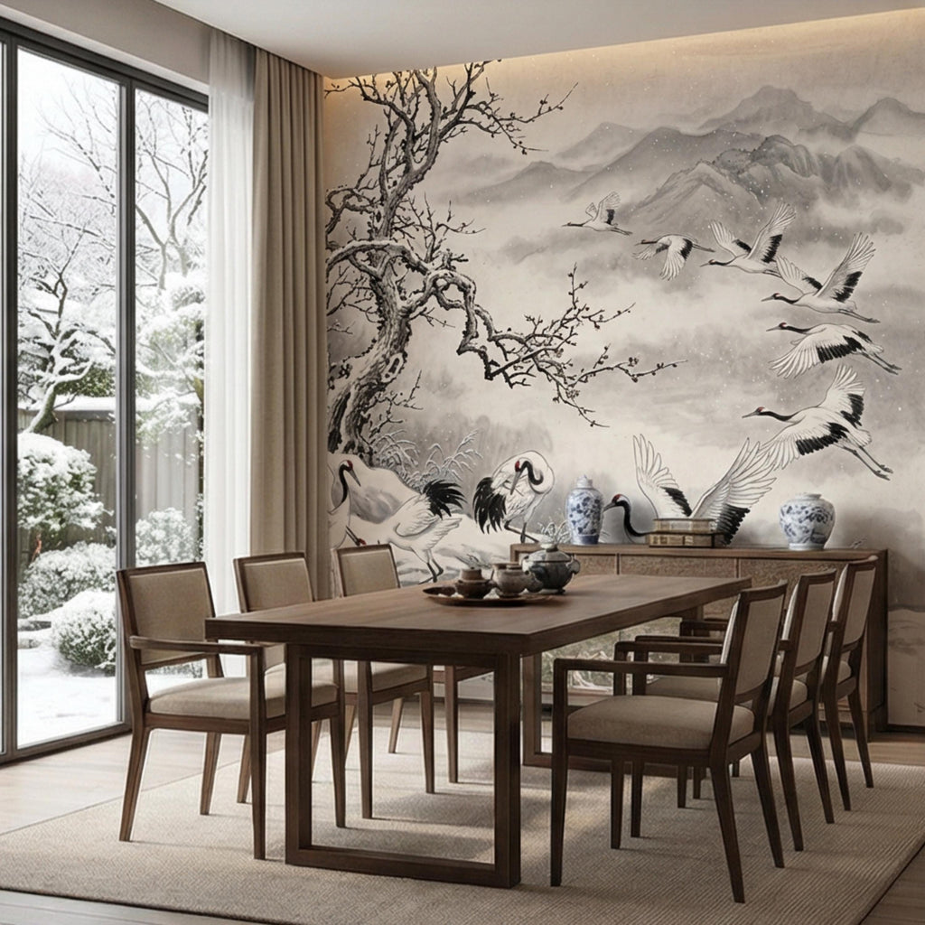 Japanese Crane Winter Landscape Peel and Stick Wall Mural, Chinoiserie Ink Wash Mountain Scene Wallpaper, Zen Asian Wall Decor