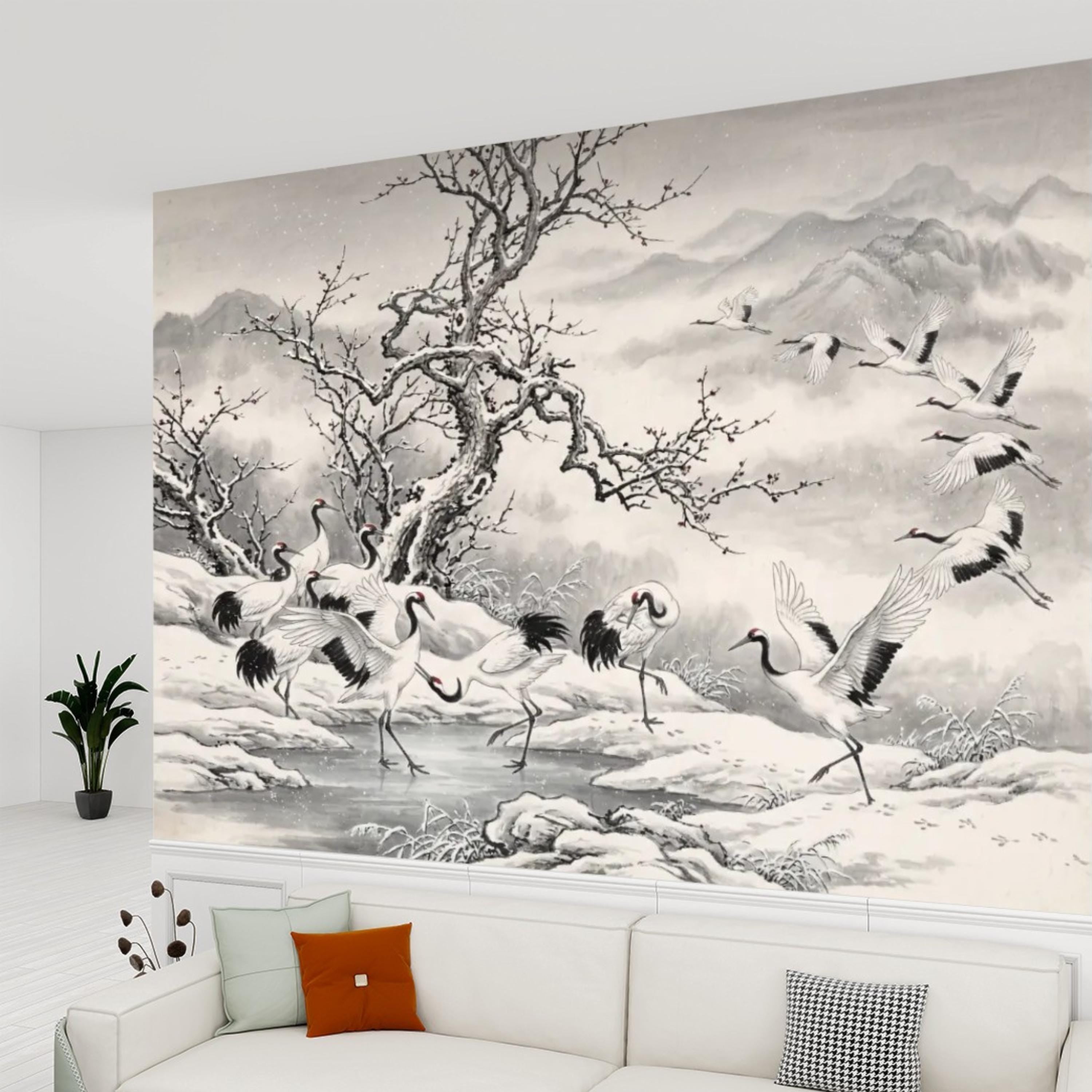 Japanese Crane Winter Landscape Peel and Stick Wall Mural, Chinoiserie Ink Wash Mountain Scene Wallpaper, Zen Asian Wall Decor