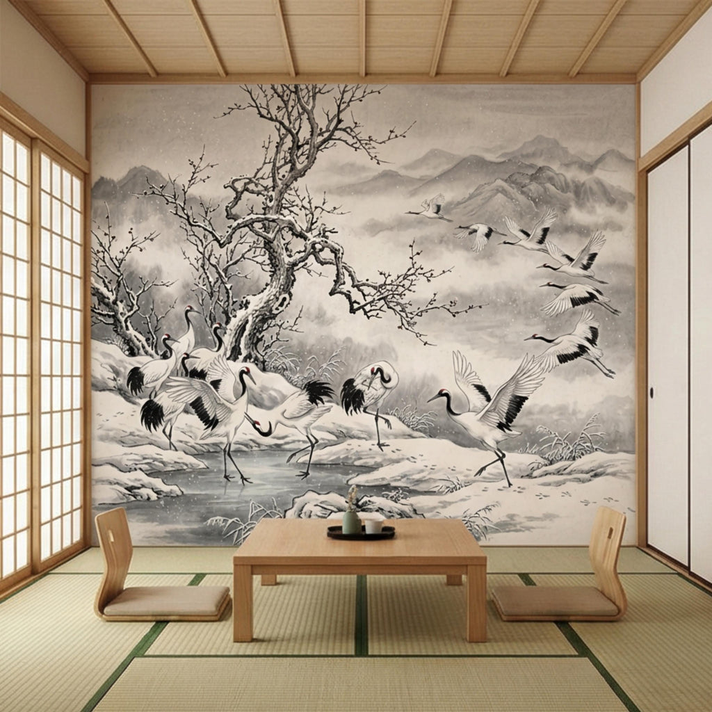 Japanese Crane Winter Landscape Peel and Stick Wall Mural, Chinoiserie Ink Wash Mountain Scene Wallpaper, Zen Asian Wall Decor